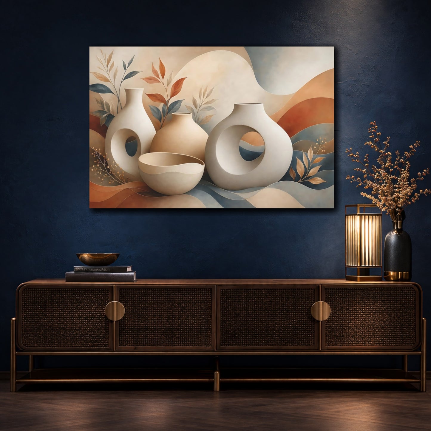 Mockup 4. Abstract Abstract Vases Warm Toned Vases shown as stretched canvas wall art