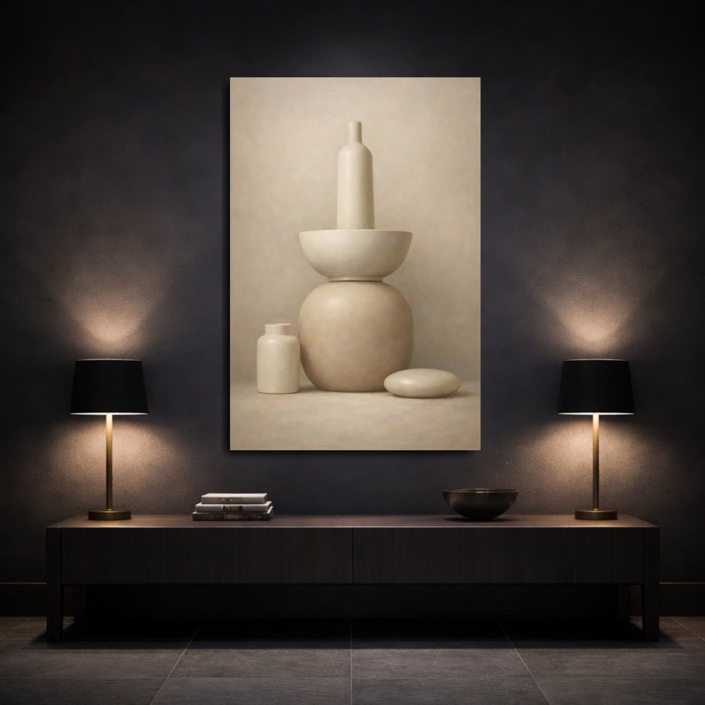 Mockup 2. Abstract Abstract Vessels Neutral Abstract shown as stretched canvas wall art