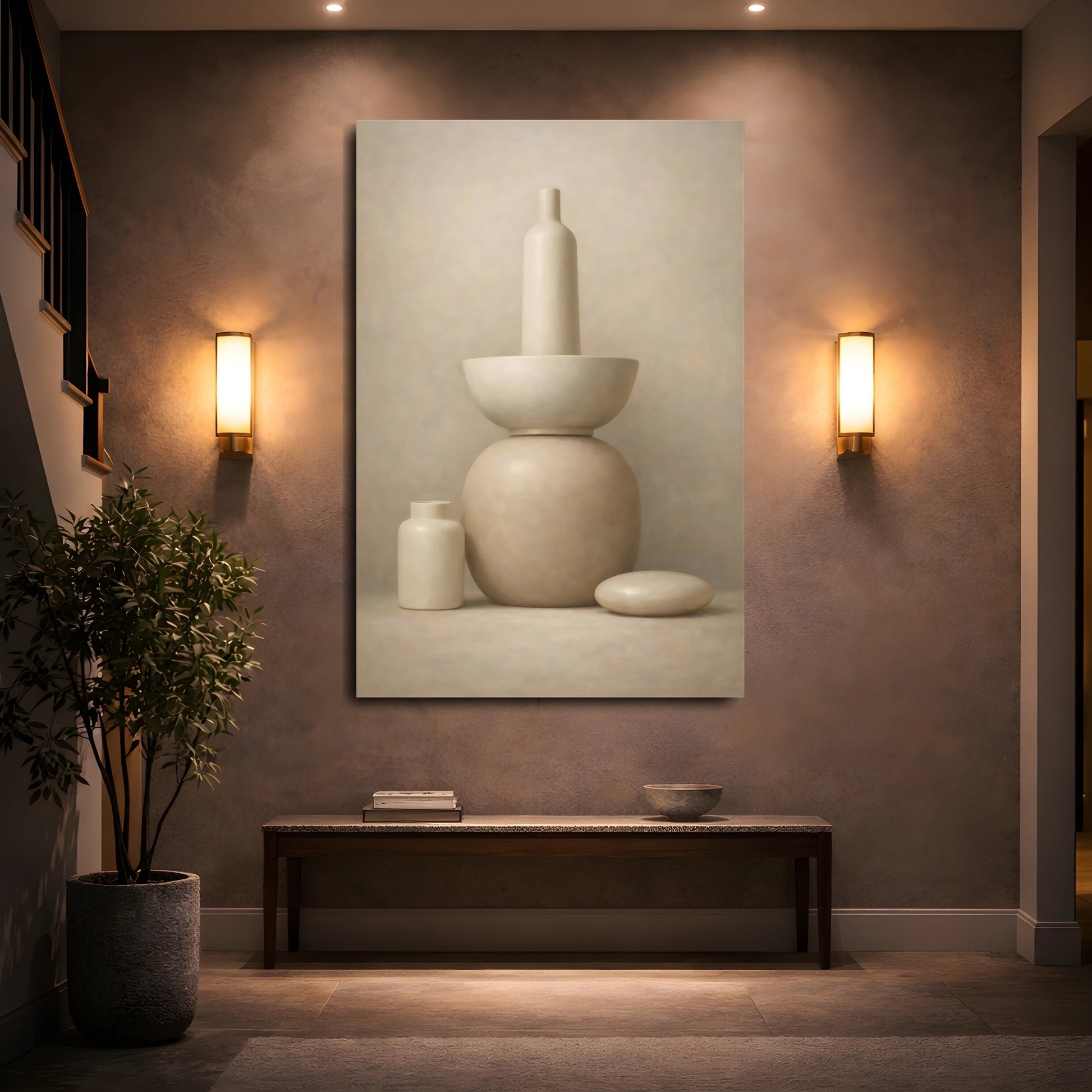 Mockup 4. Abstract Abstract Vessels Neutral Abstract shown as stretched canvas wall art
