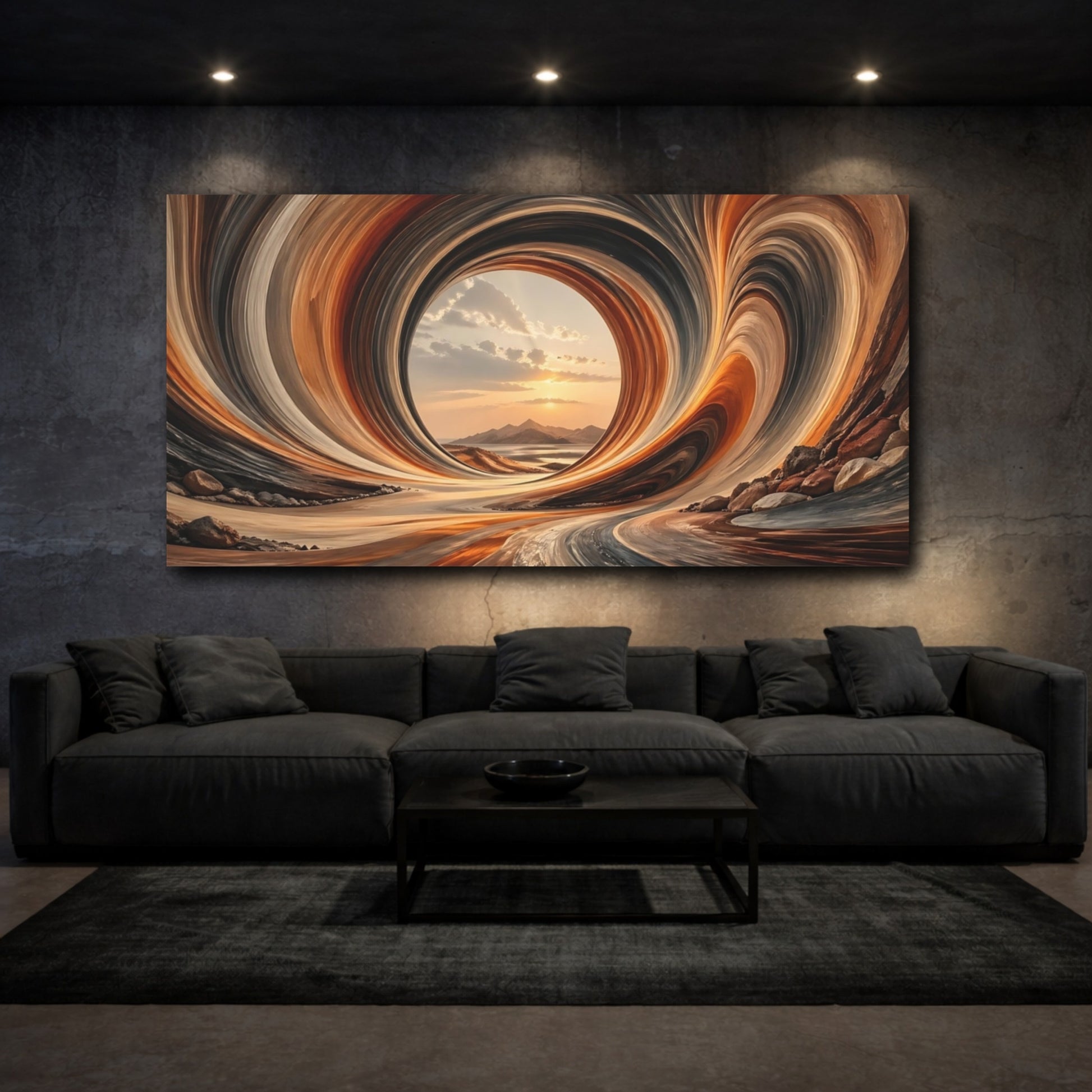Mockup 2. Abstract Abstract Vortex Orange Gray shown as stretched canvas wall art