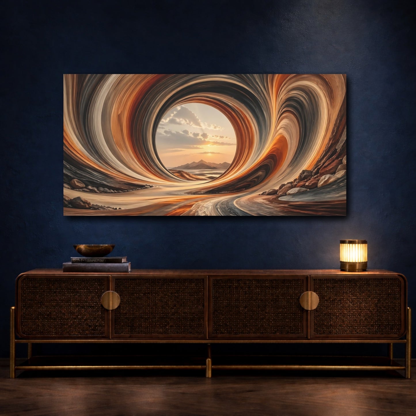 Mockup 3. Abstract Abstract Vortex Orange Gray shown as stretched canvas wall art