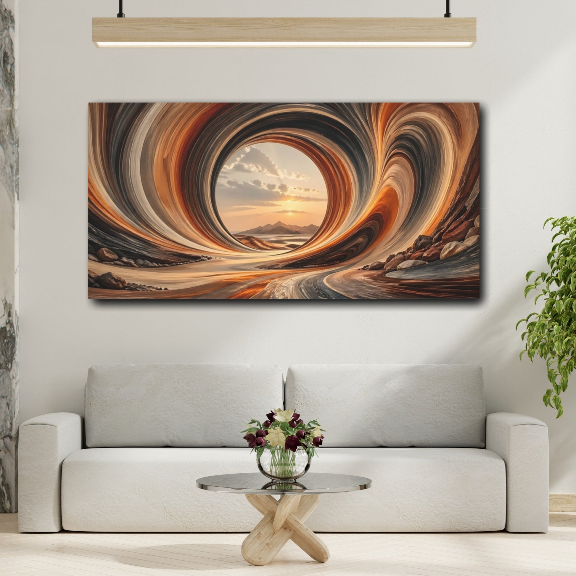 Mockup 4. Abstract Abstract Vortex Orange Gray shown as stretched canvas wall art