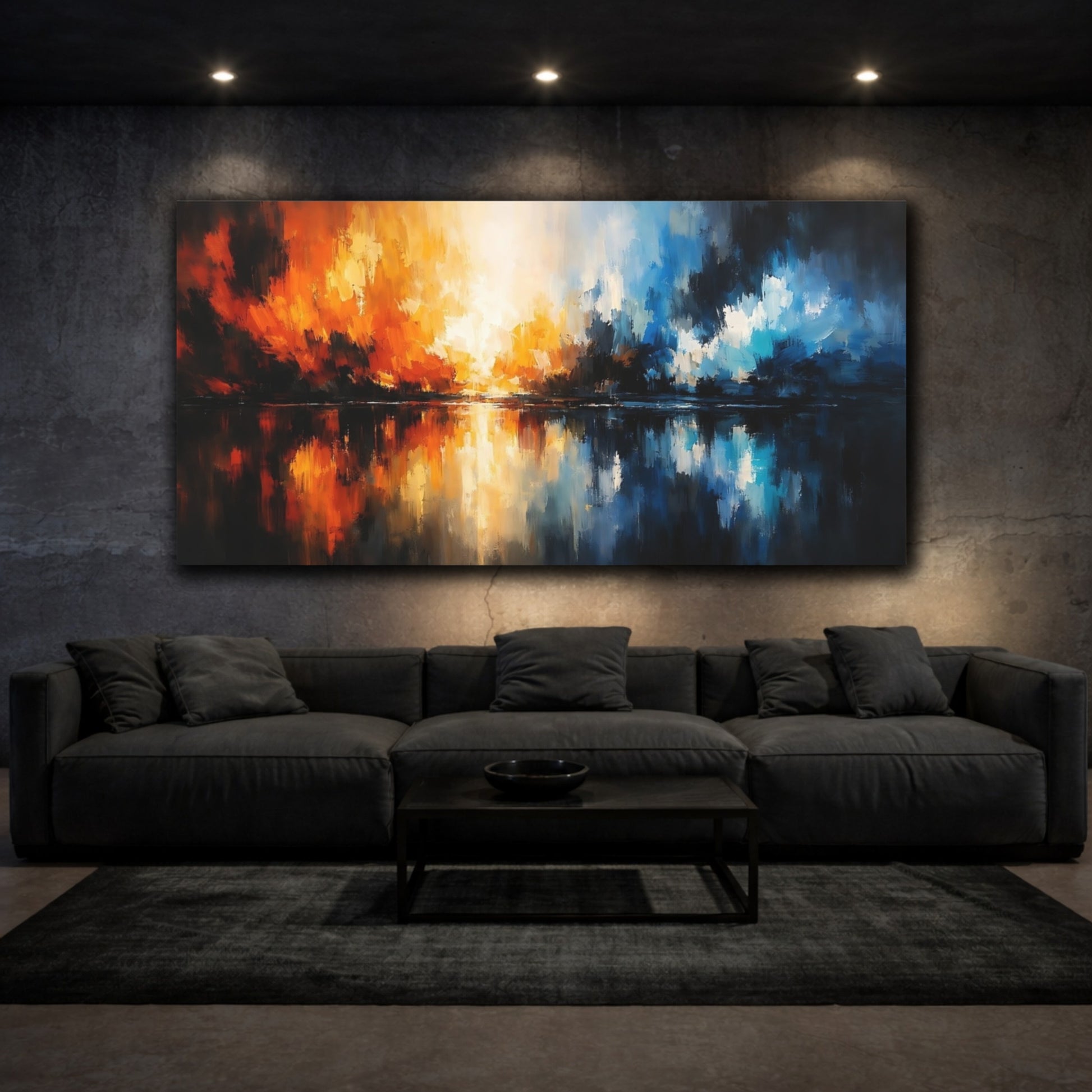 Mockup 2. Abstract Abstract Waterscape Abstract Orange Blue shown as stretched canvas wall art