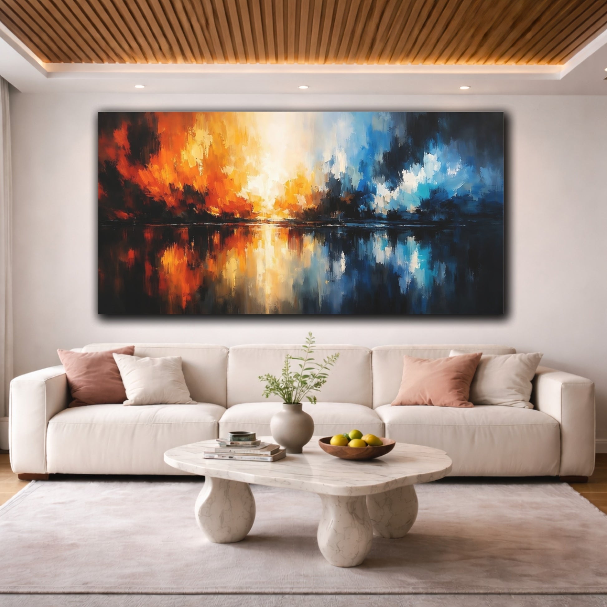 Mockup 3. Abstract Abstract Waterscape Abstract Orange Blue shown as stretched canvas wall art