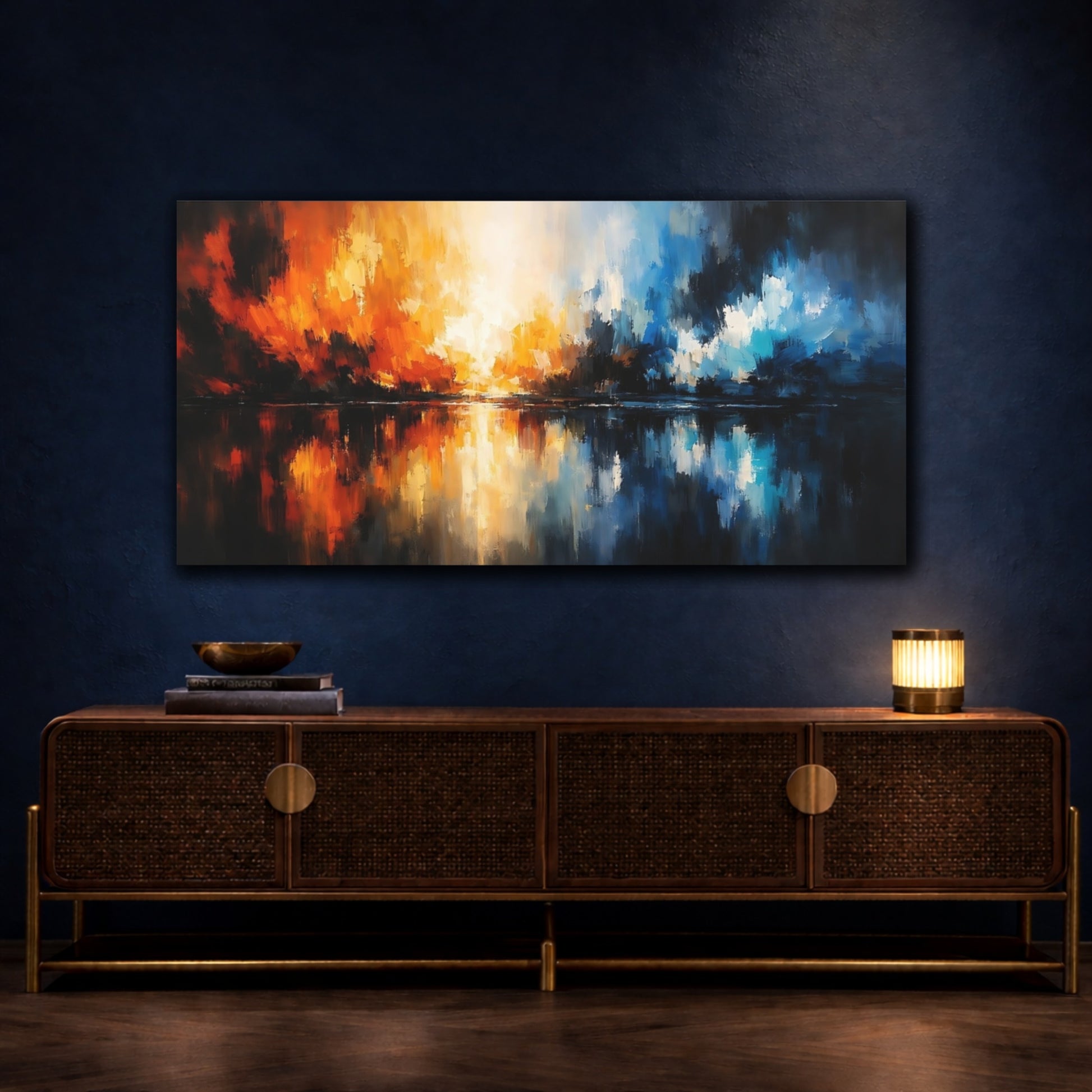 Mockup 4. Abstract Abstract Waterscape Abstract Orange Blue shown as stretched canvas wall art