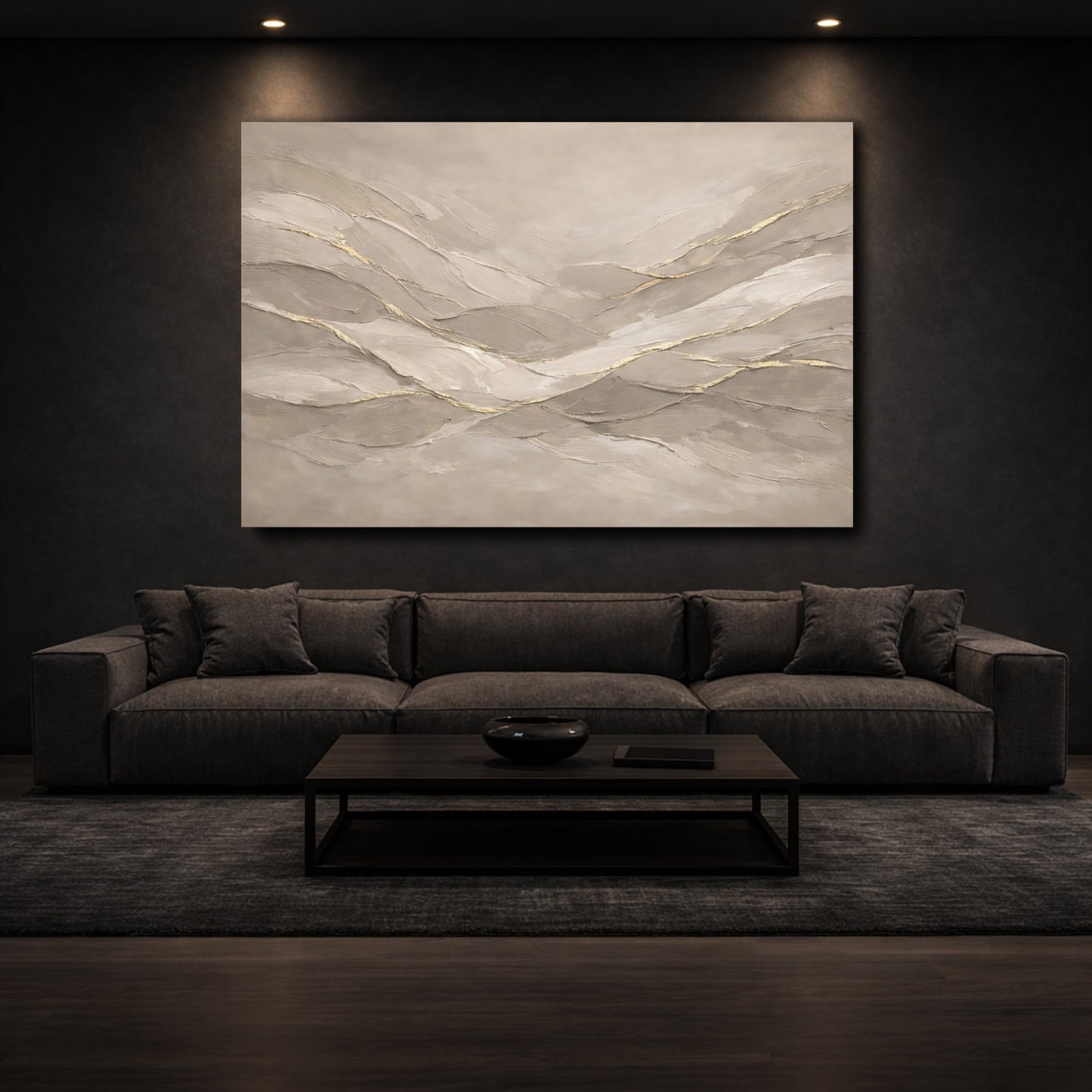 Mockup 2. Abstract Abstract Waves Beige And Gold shown as stretched canvas wall art