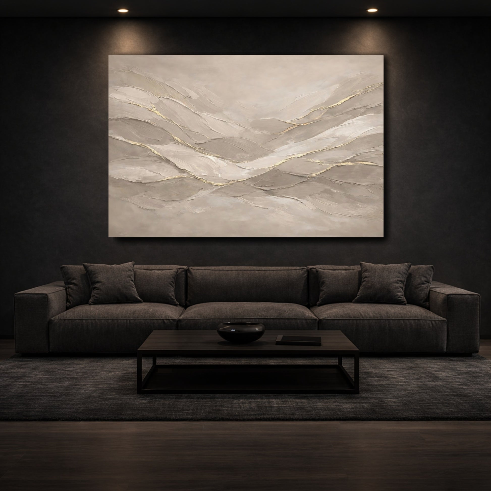 Mockup 2. Abstract Abstract Waves Beige And Gold shown as stretched canvas wall art