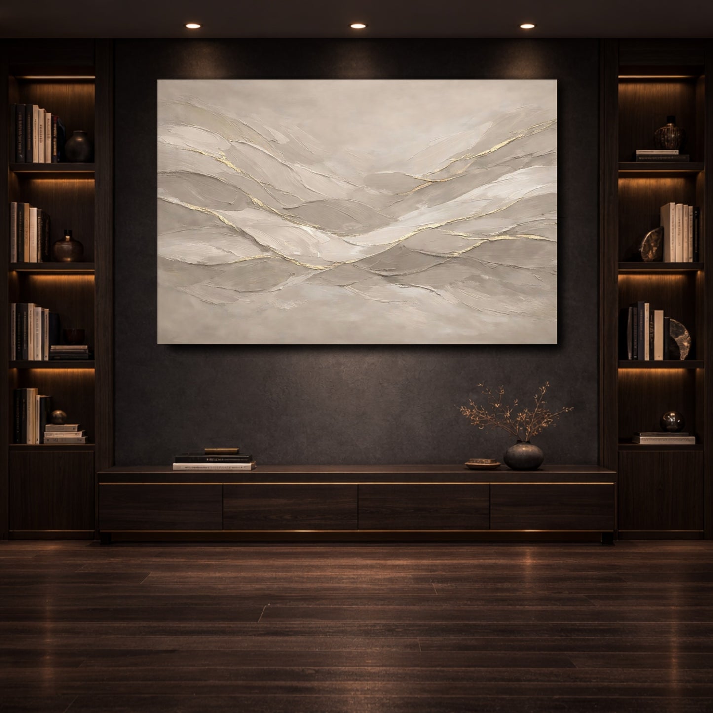 Mockup 3. Abstract Abstract Waves Beige And Gold shown as stretched canvas wall art