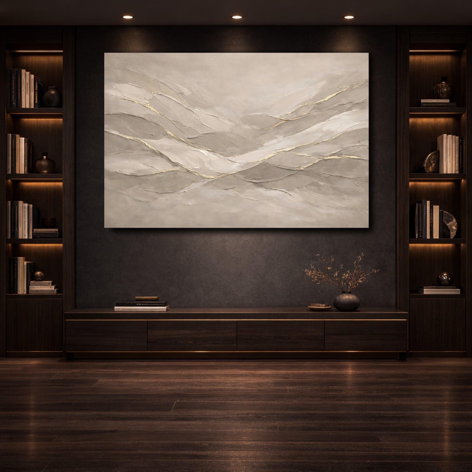 Mockup 3. Abstract Abstract Waves Beige And Gold shown as stretched canvas wall art