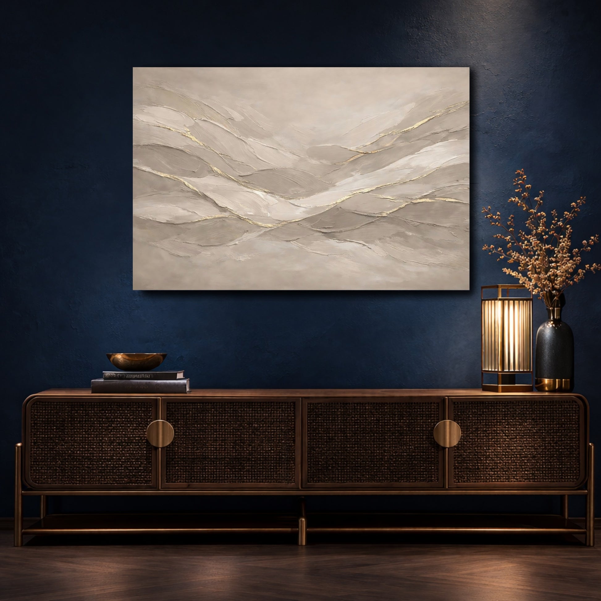Mockup 4. Abstract Abstract Waves Beige And Gold shown as stretched canvas wall art
