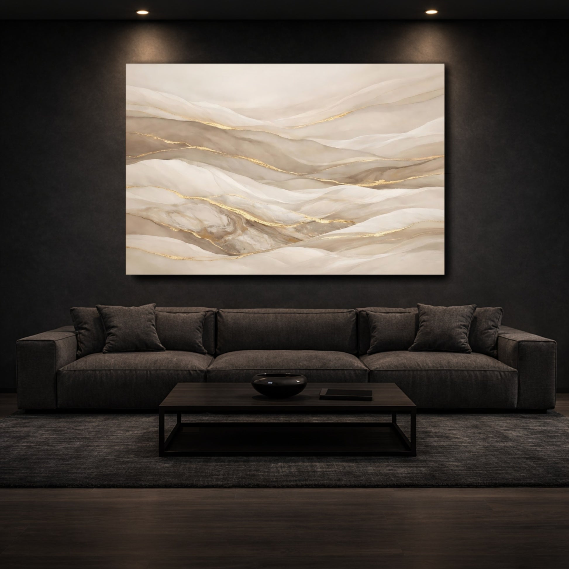 Mockup 2. Abstract Abstract Waves Beige Gold shown as stretched canvas wall art