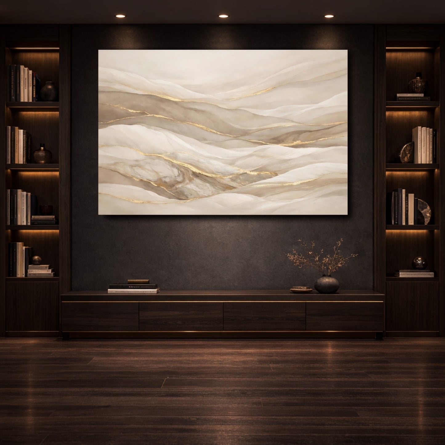 Mockup 3. Abstract Abstract Waves Beige Gold shown as stretched canvas wall art