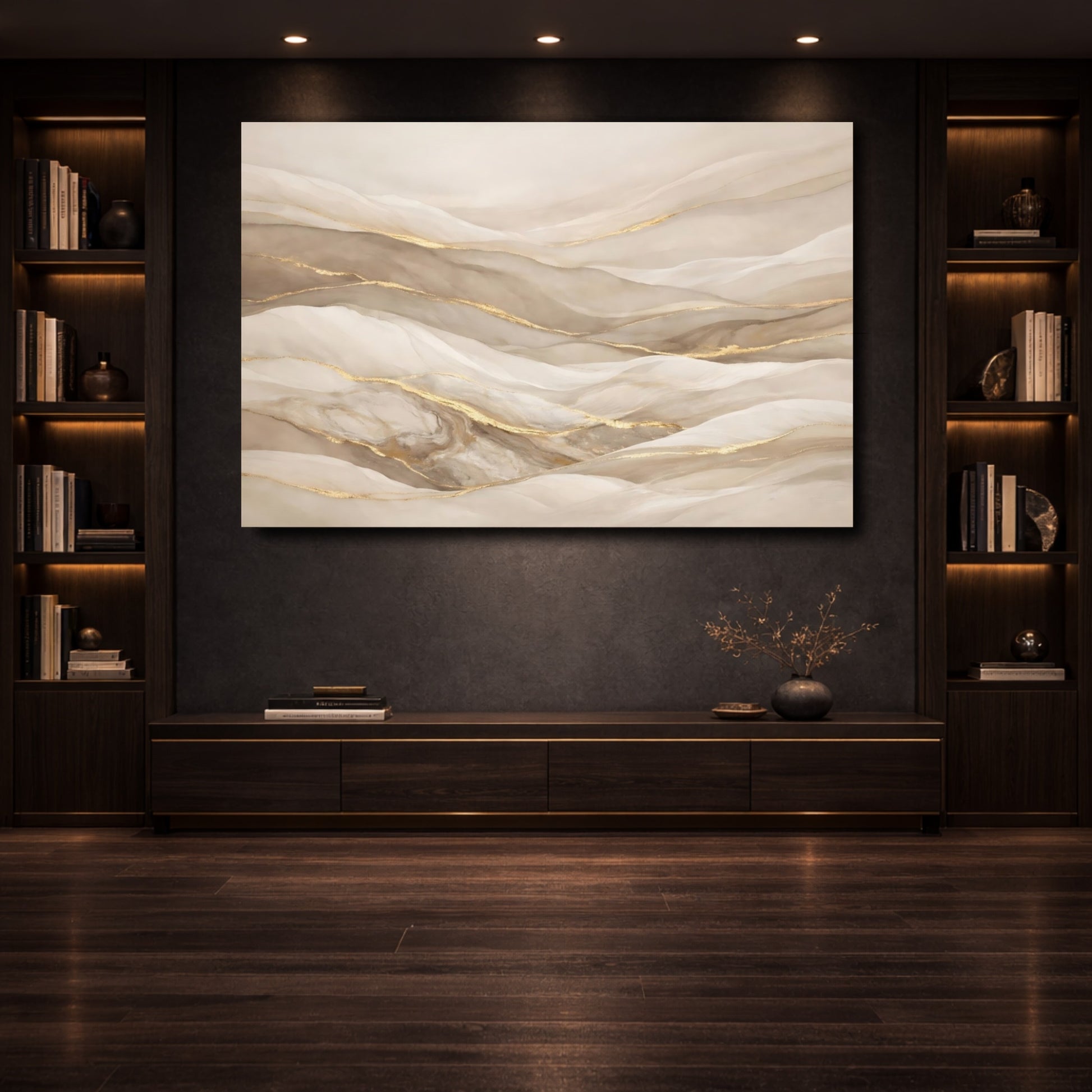 Mockup 3. Abstract Abstract Waves Beige Gold shown as stretched canvas wall art