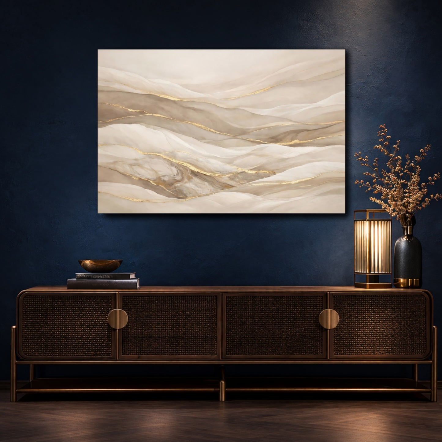 Mockup 4. Abstract Abstract Waves Beige Gold shown as stretched canvas wall art
