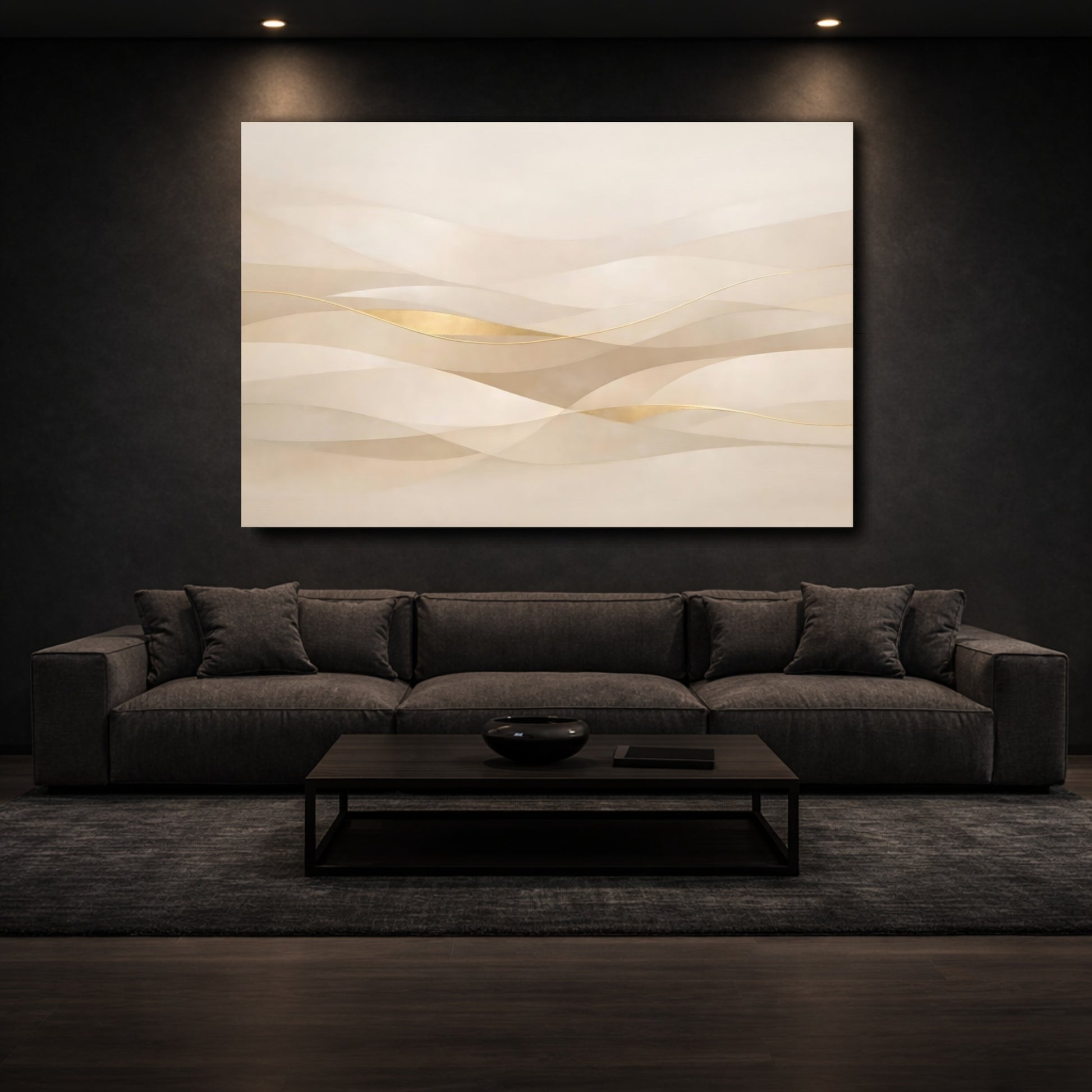 Mockup 2. Abstract Abstract Waves Beige Gold Waves shown as stretched canvas wall art