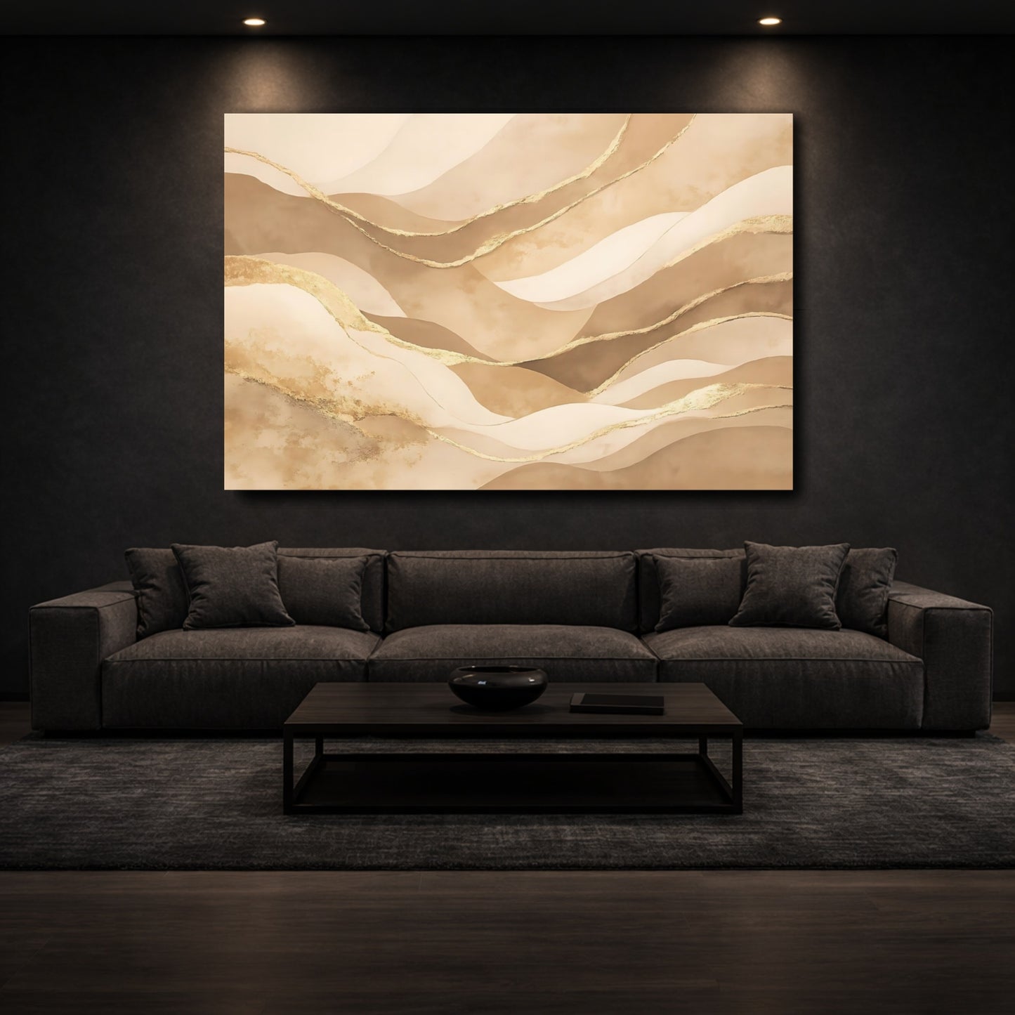 Mockup 2. Abstract Abstract Waves Beige Gold Waves shown as stretched canvas wall art