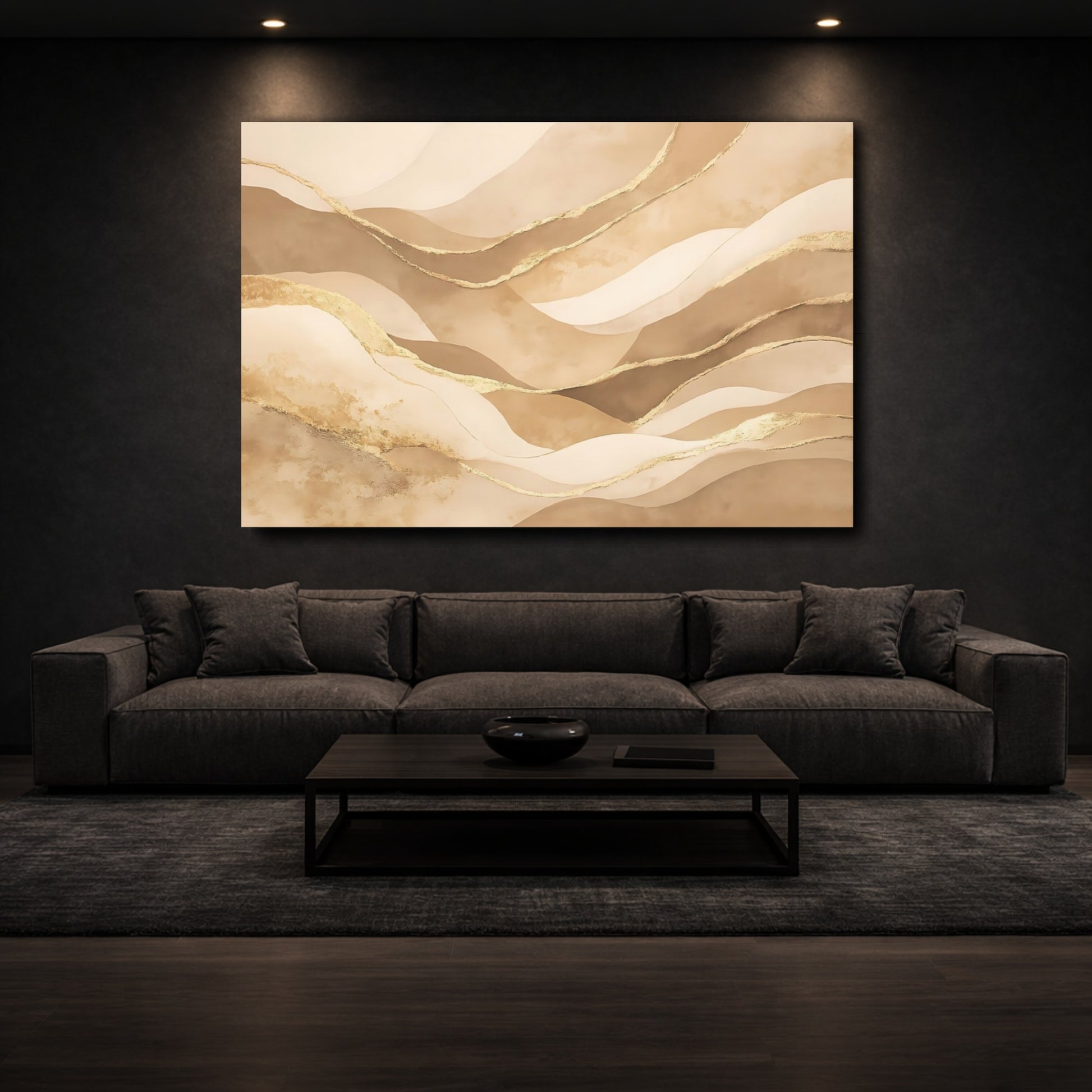 Mockup 2. Abstract Abstract Waves Beige Gold Waves shown as stretched canvas wall art
