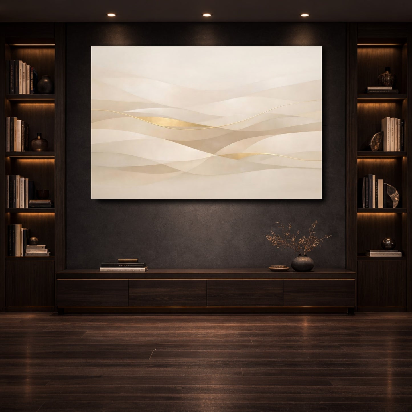 Mockup 3. Abstract Abstract Waves Beige Gold Waves shown as stretched canvas wall art