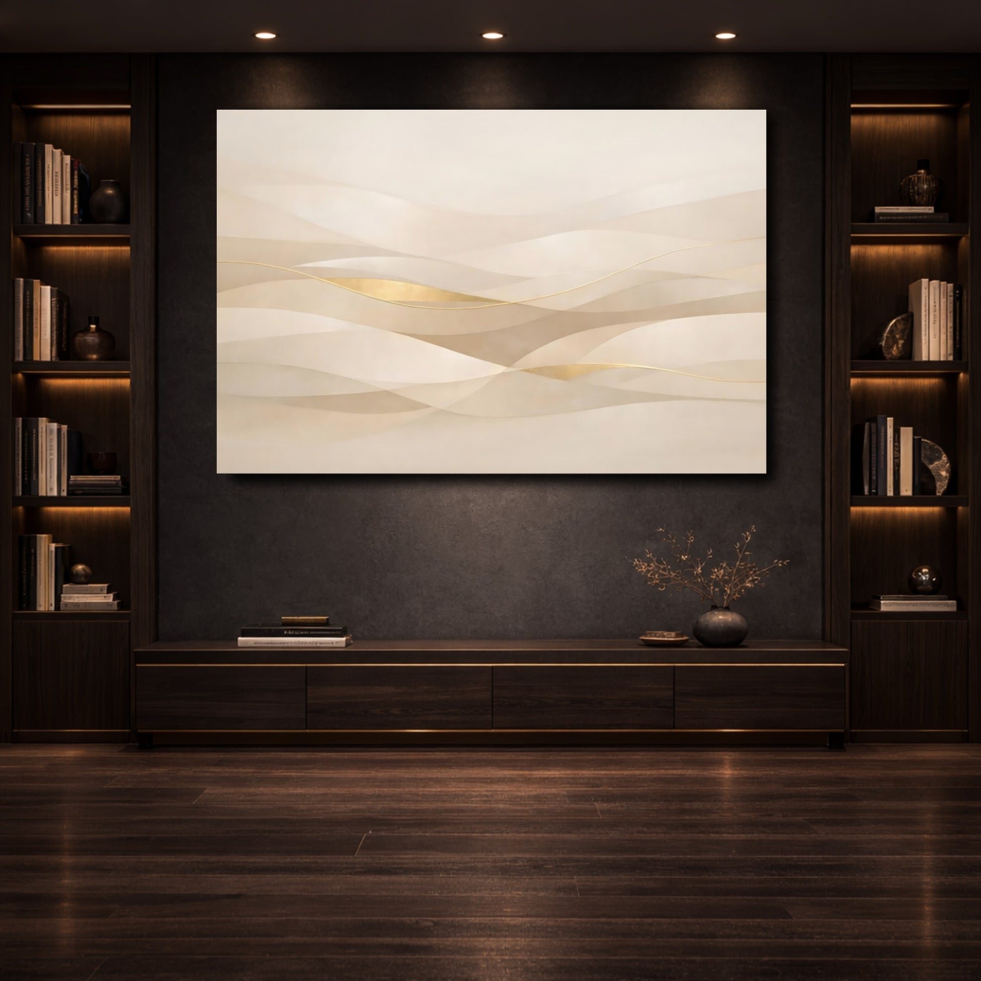 Mockup 3. Abstract Abstract Waves Beige Gold Waves shown as stretched canvas wall art