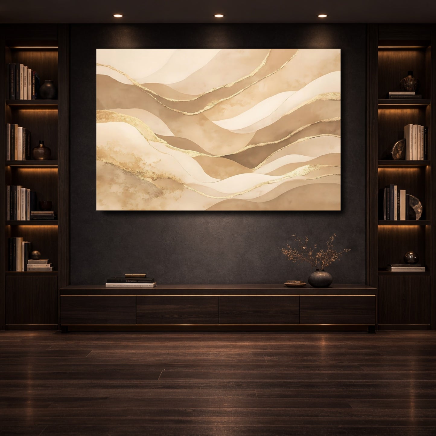 Mockup 3. Abstract Abstract Waves Beige Gold Waves shown as stretched canvas wall art