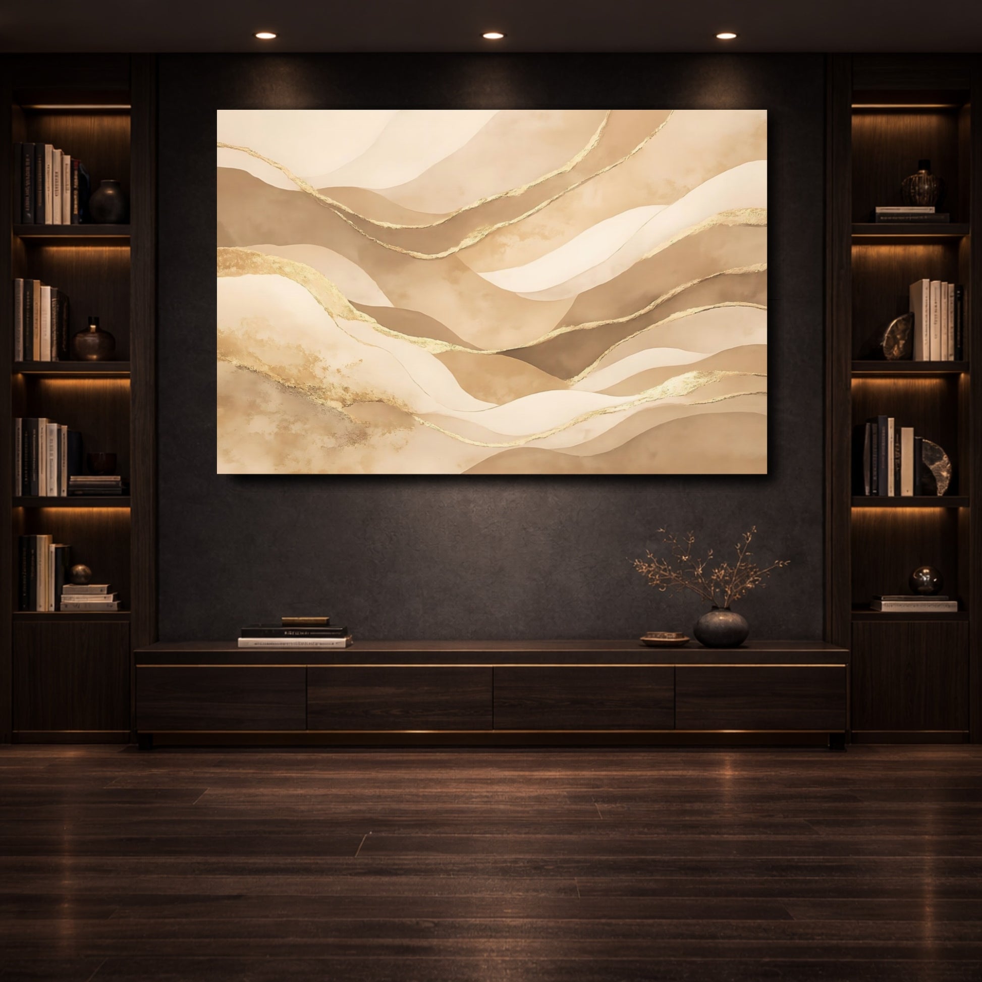 Mockup 3. Abstract Abstract Waves Beige Gold Waves shown as stretched canvas wall art