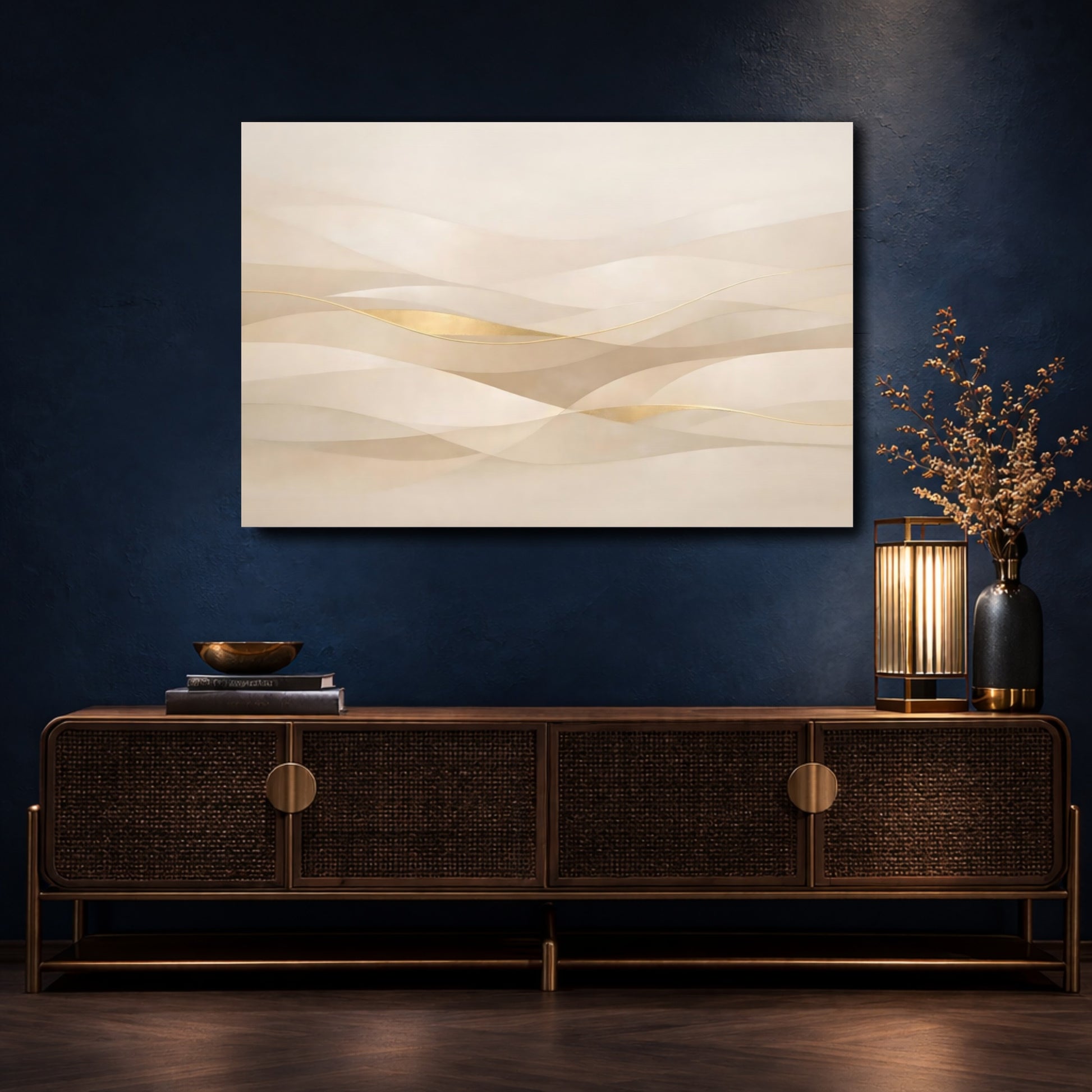 Mockup 4. Abstract Abstract Waves Beige Gold Waves shown as stretched canvas wall art