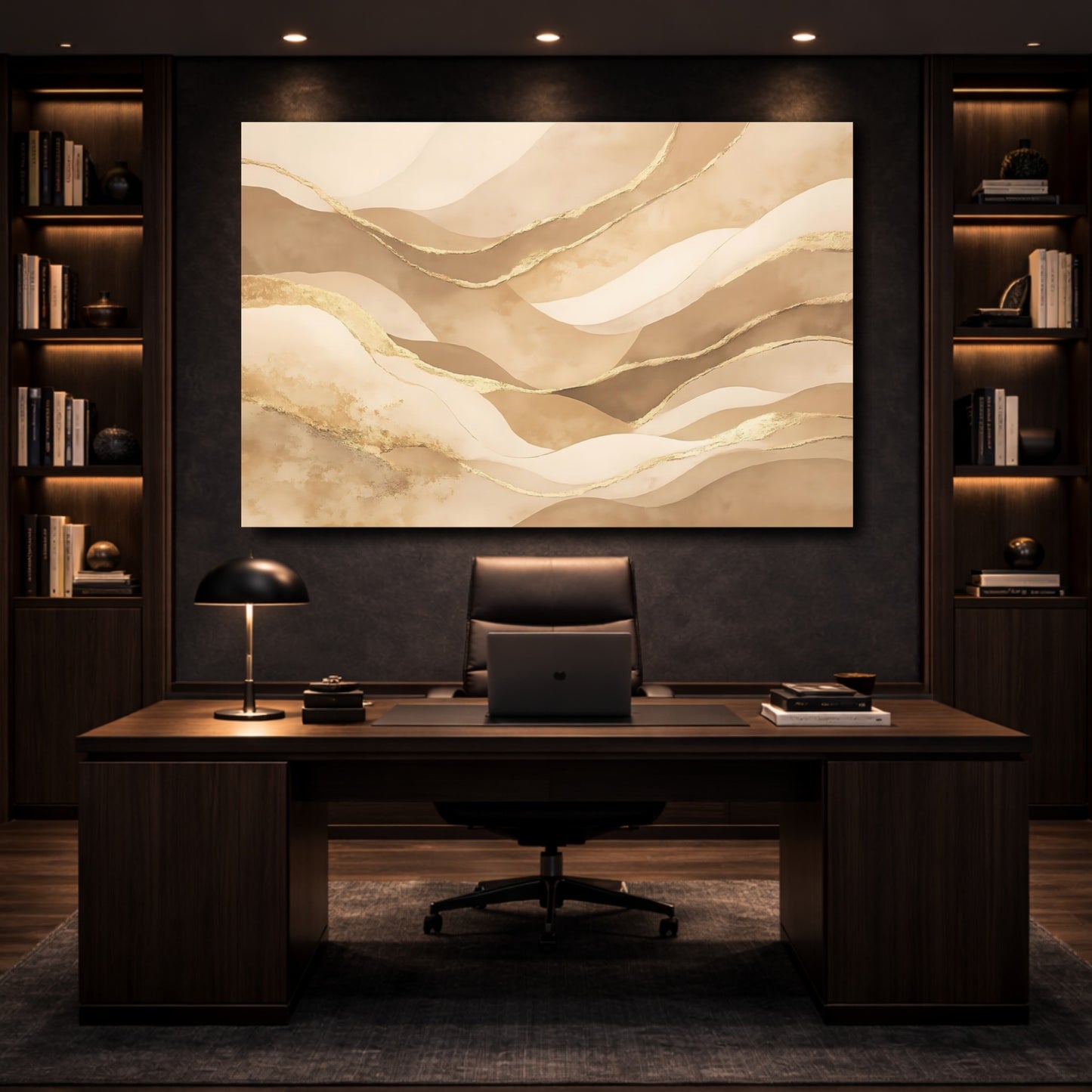 Mockup 4. Abstract Abstract Waves Beige Gold Waves shown as stretched canvas wall art