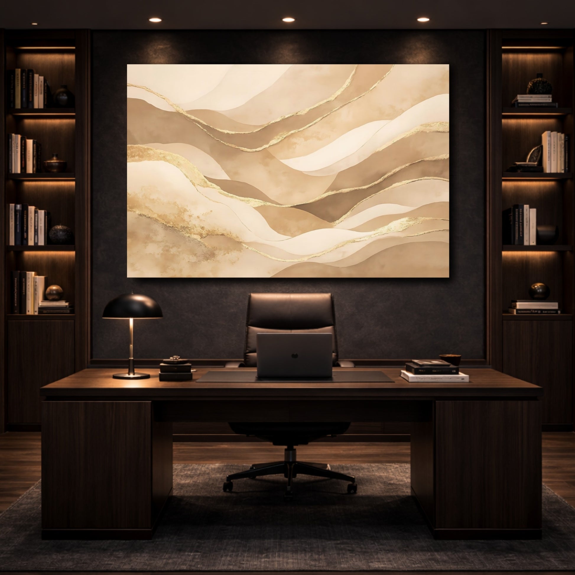 Mockup 4. Abstract Abstract Waves Beige Gold Waves shown as stretched canvas wall art