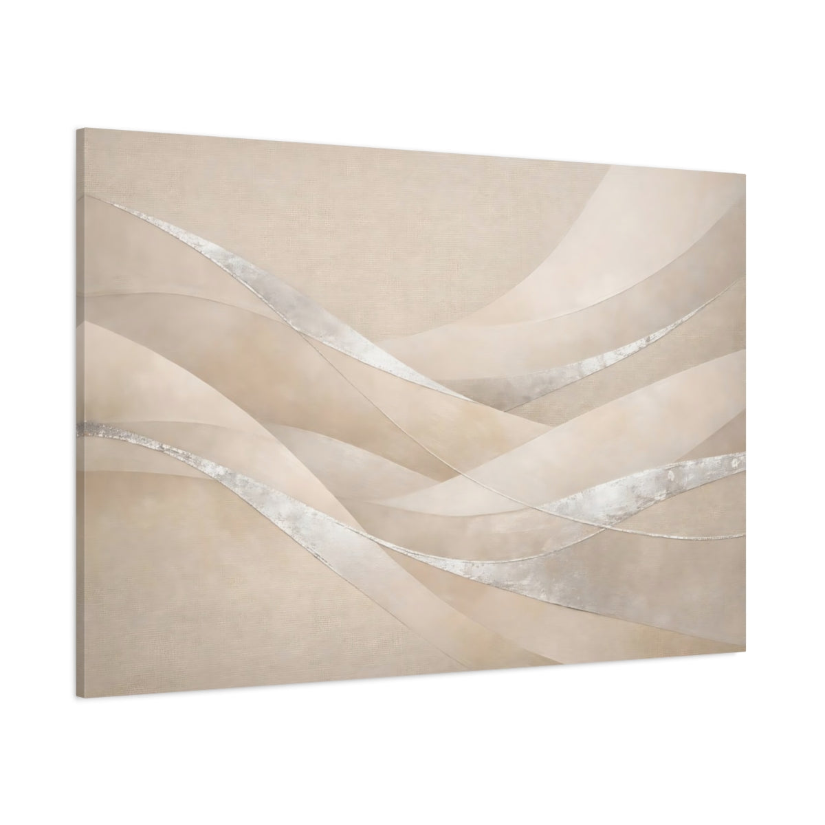Main Mockup. Abstract Abstract Waves Beige Silver shown as stretched canvas wall art