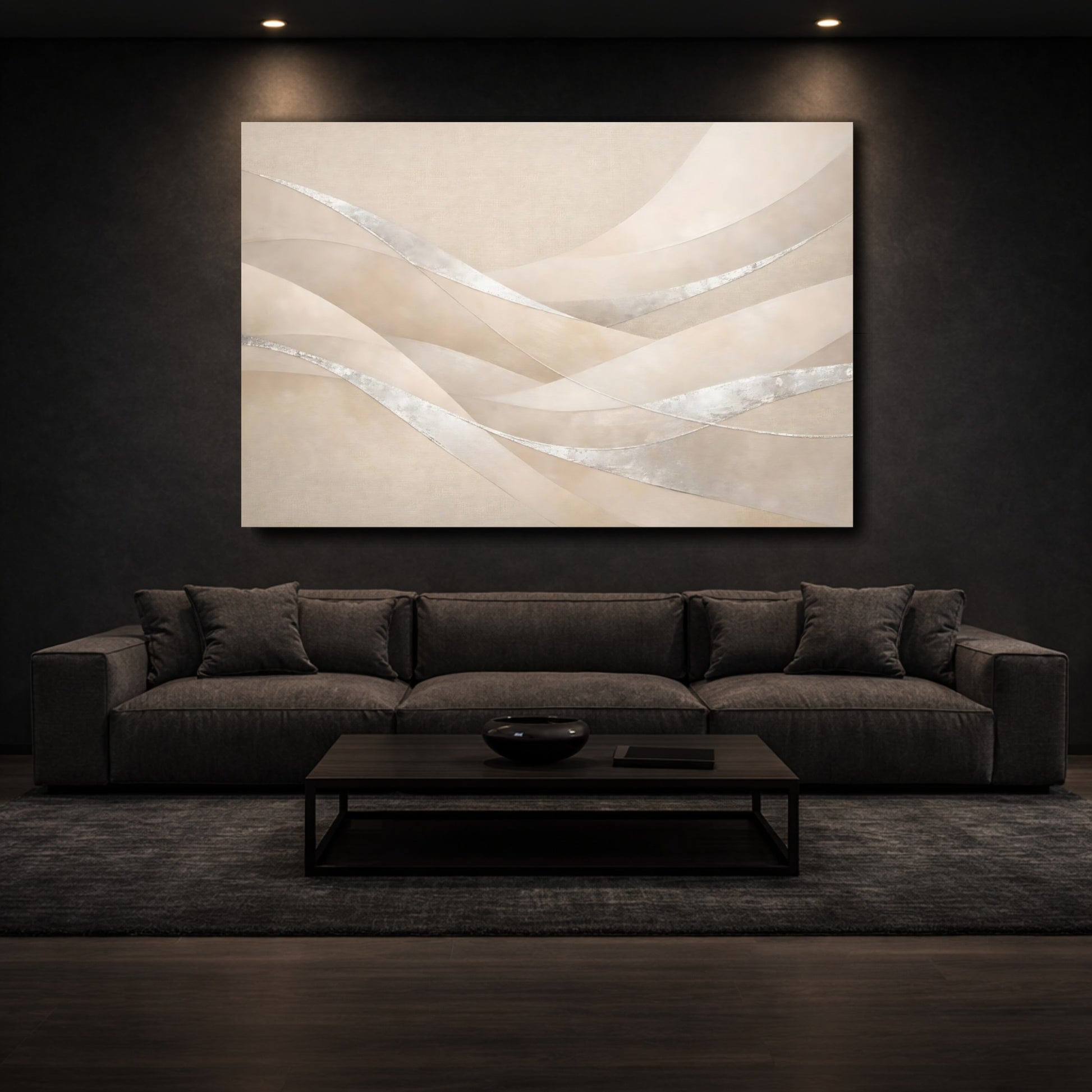 Mockup 2. Abstract Abstract Waves Beige Silver shown as stretched canvas wall art