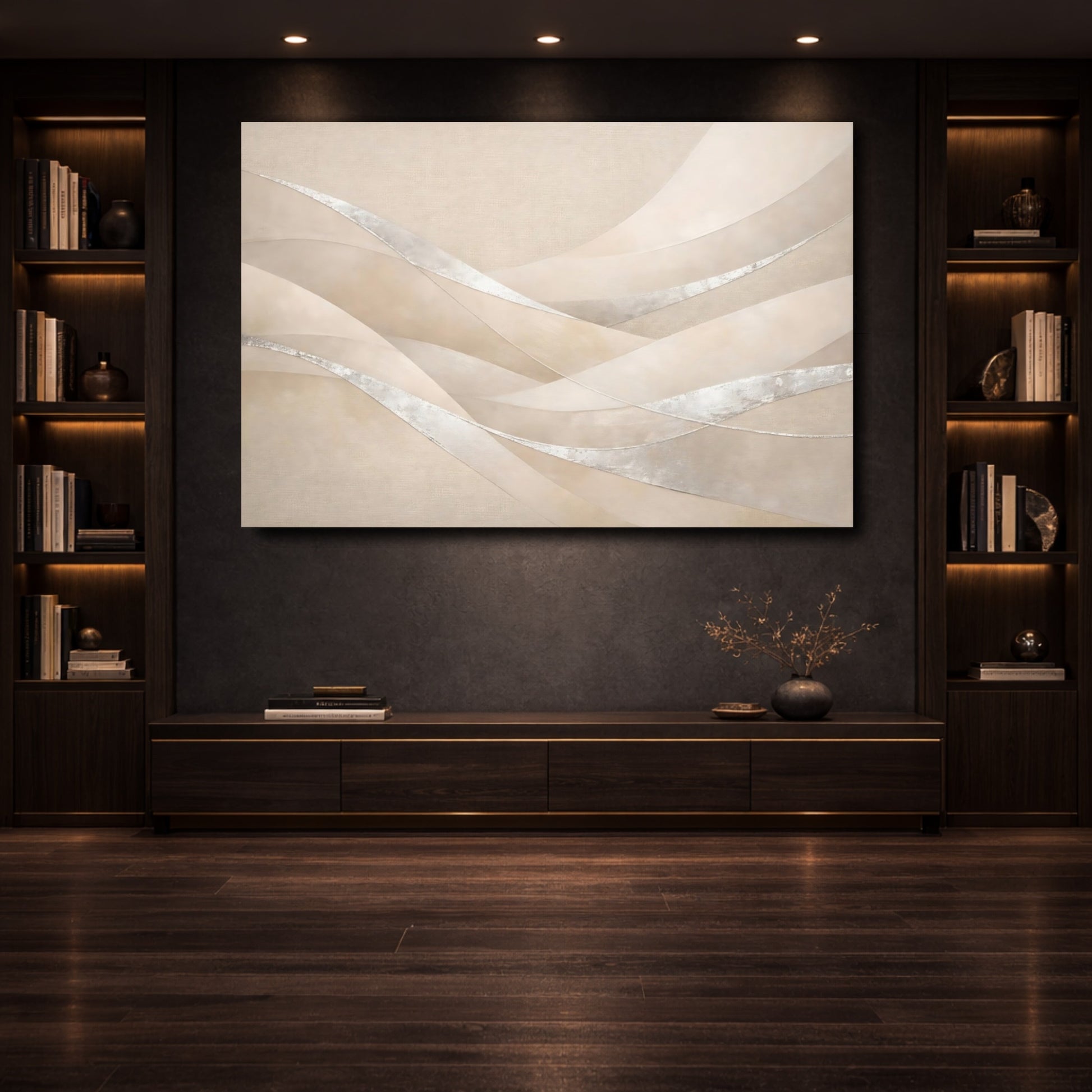 Mockup 3. Abstract Abstract Waves Beige Silver shown as stretched canvas wall art