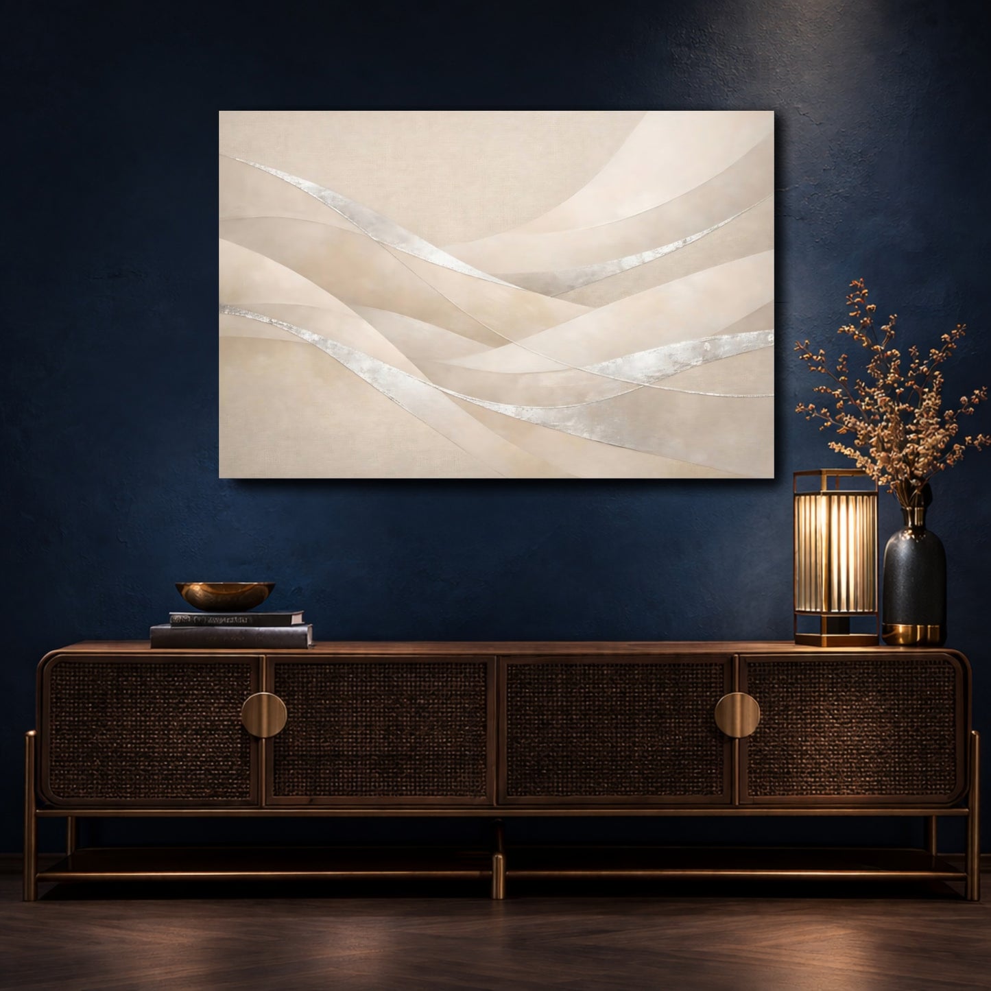 Mockup 4. Abstract Abstract Waves Beige Silver shown as stretched canvas wall art