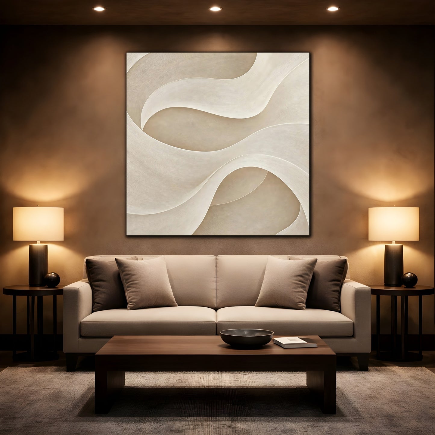 Mockup 2. Abstract Abstract Waves Beige Waves shown as stretched canvas wall art