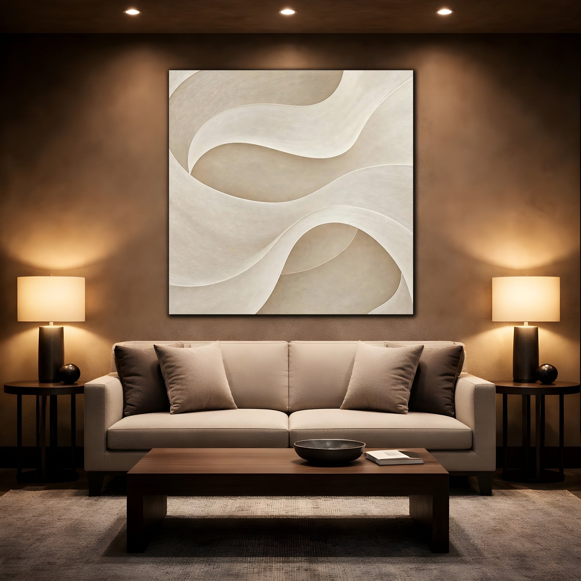 Mockup 2. Abstract Abstract Waves Beige Waves shown as stretched canvas wall art