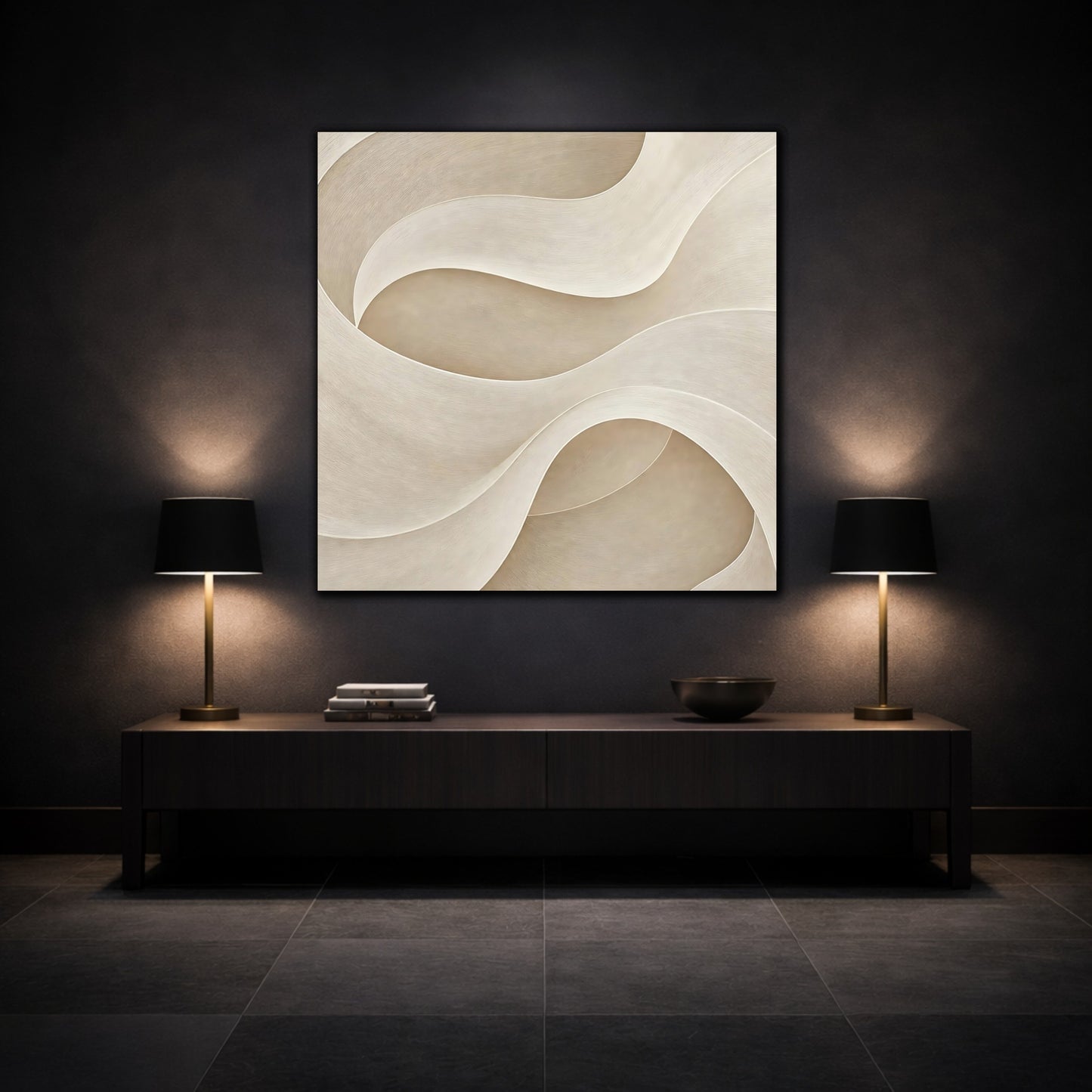 Mockup 3. Abstract Abstract Waves Beige Waves shown as stretched canvas wall art