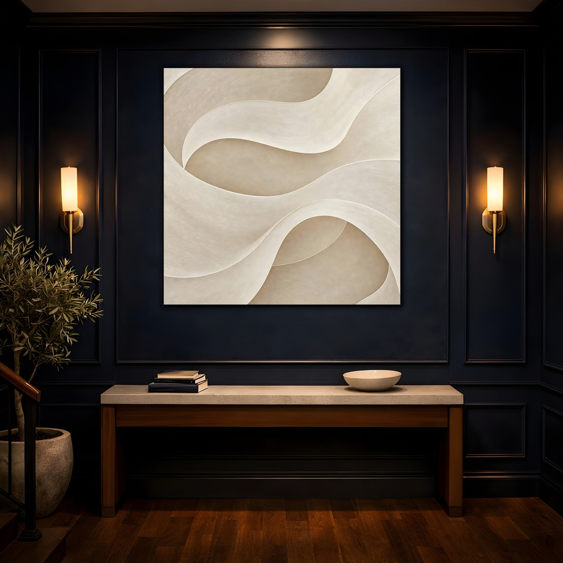 Mockup 4. Abstract Abstract Waves Beige Waves shown as stretched canvas wall art