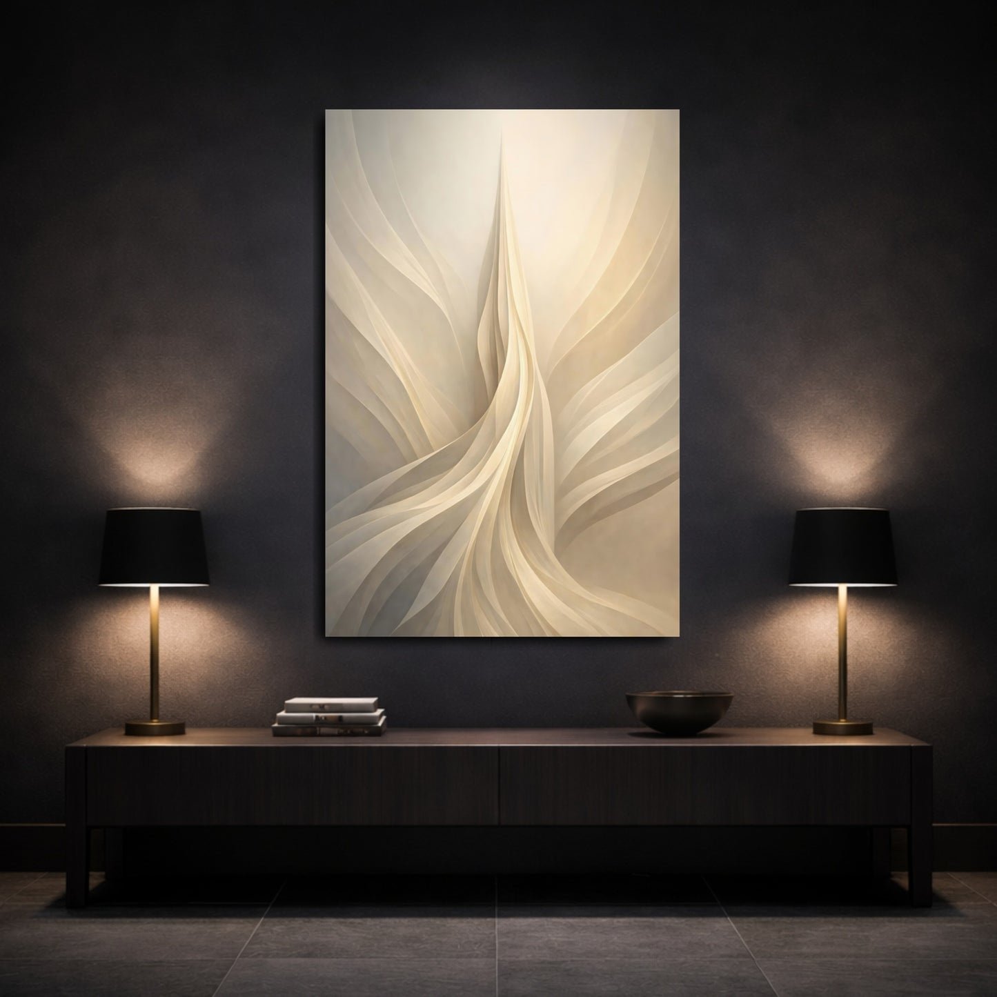 Mockup 2. Abstract Abstract Waves Beige White Waves shown as stretched canvas wall art