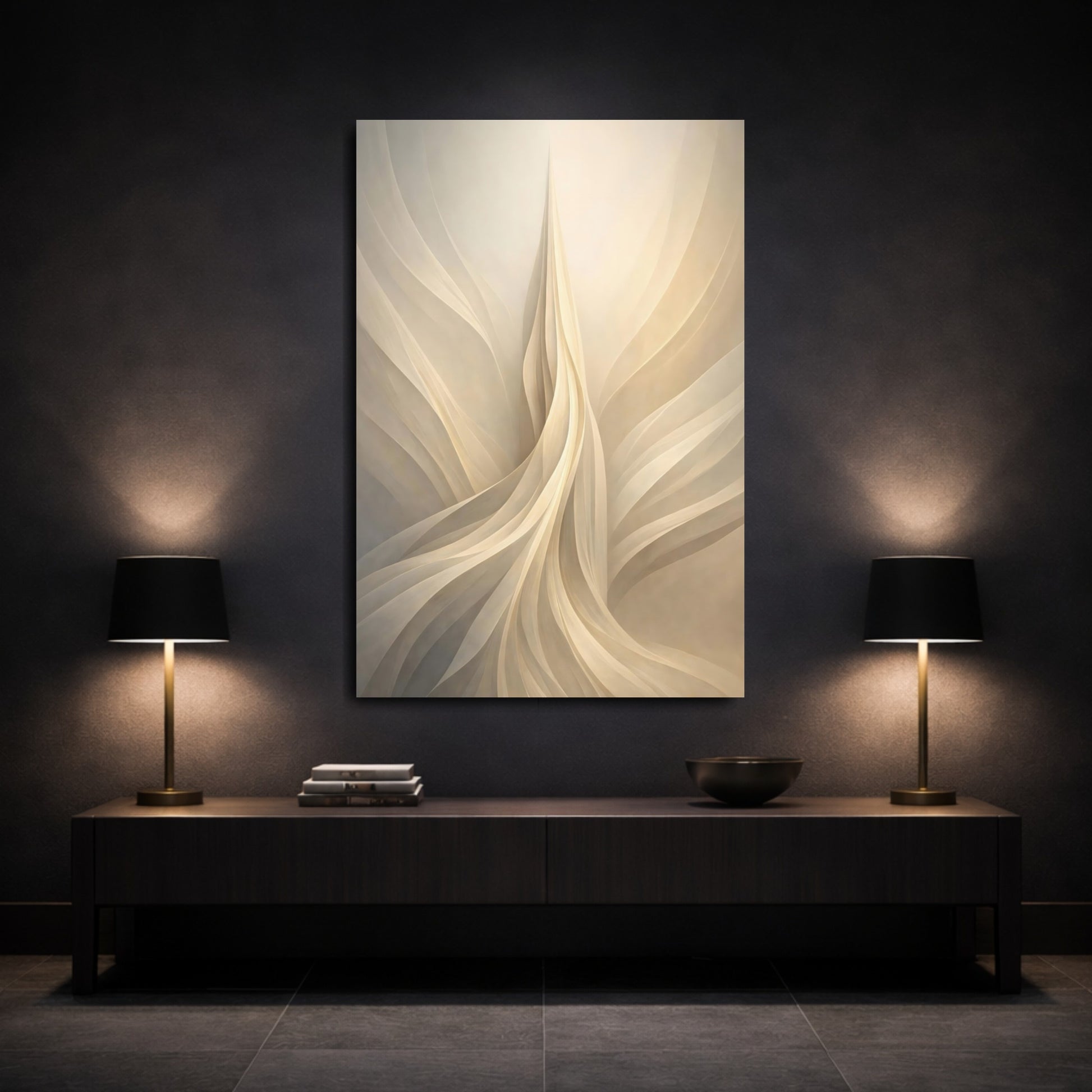 Mockup 2. Abstract Abstract Waves Beige White Waves shown as stretched canvas wall art