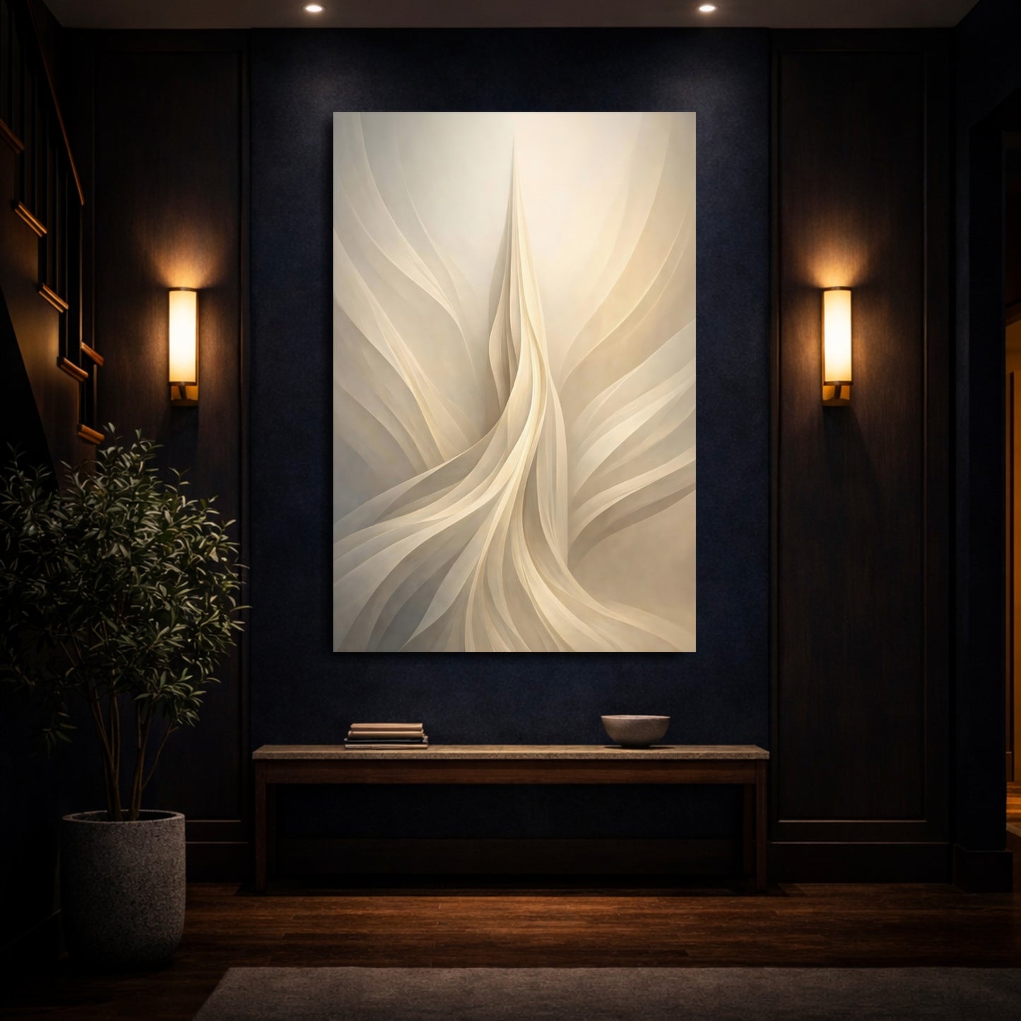 Mockup 3. Abstract Abstract Waves Beige White Waves shown as stretched canvas wall art