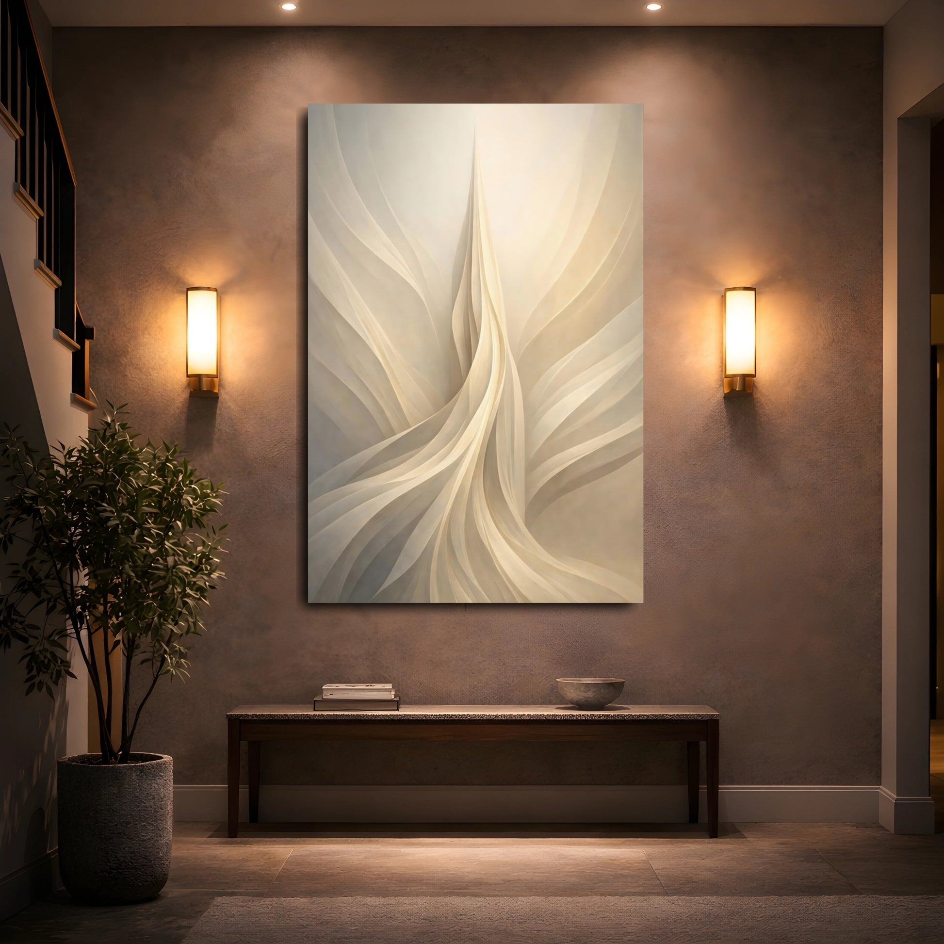 Mockup 4. Abstract Abstract Waves Beige White Waves shown as stretched canvas wall art