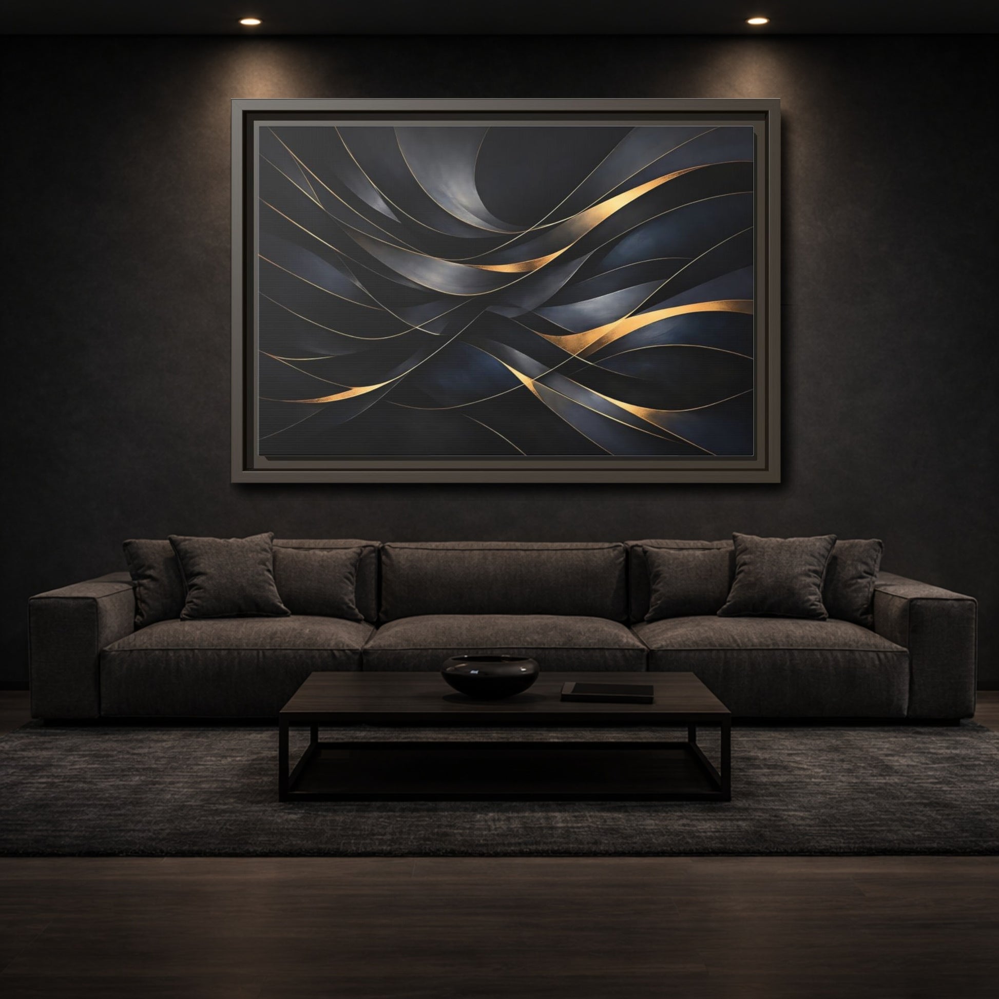 Mockup 2. Abstract Abstract Waves Black And Gold shown as stretched canvas wall art