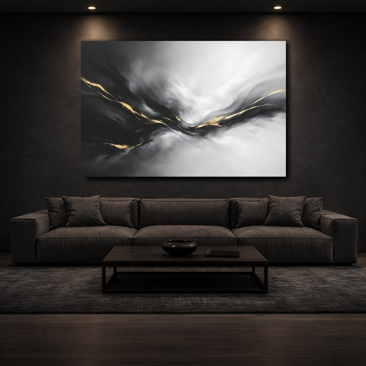 Mockup 2. Abstract Abstract Waves Black And Gold shown as stretched canvas wall art