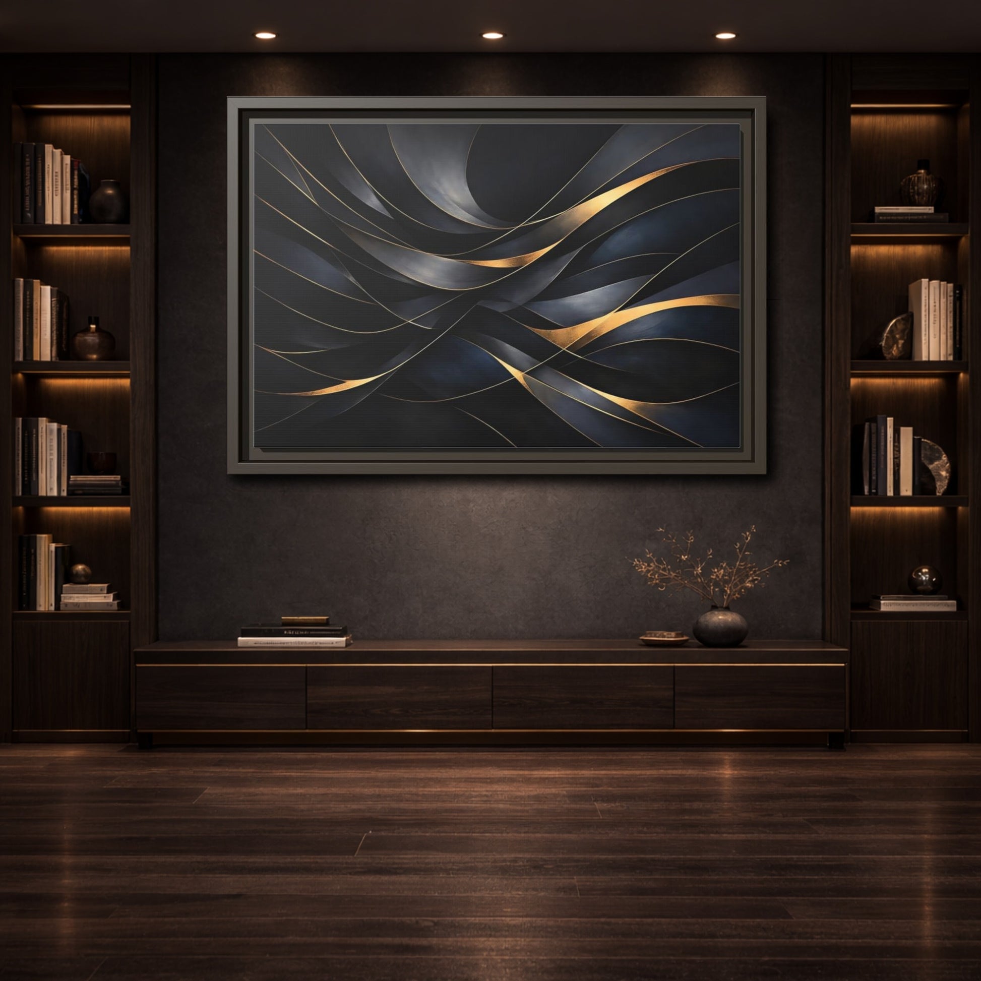 Mockup 3. Abstract Abstract Waves Black And Gold shown as stretched canvas wall art