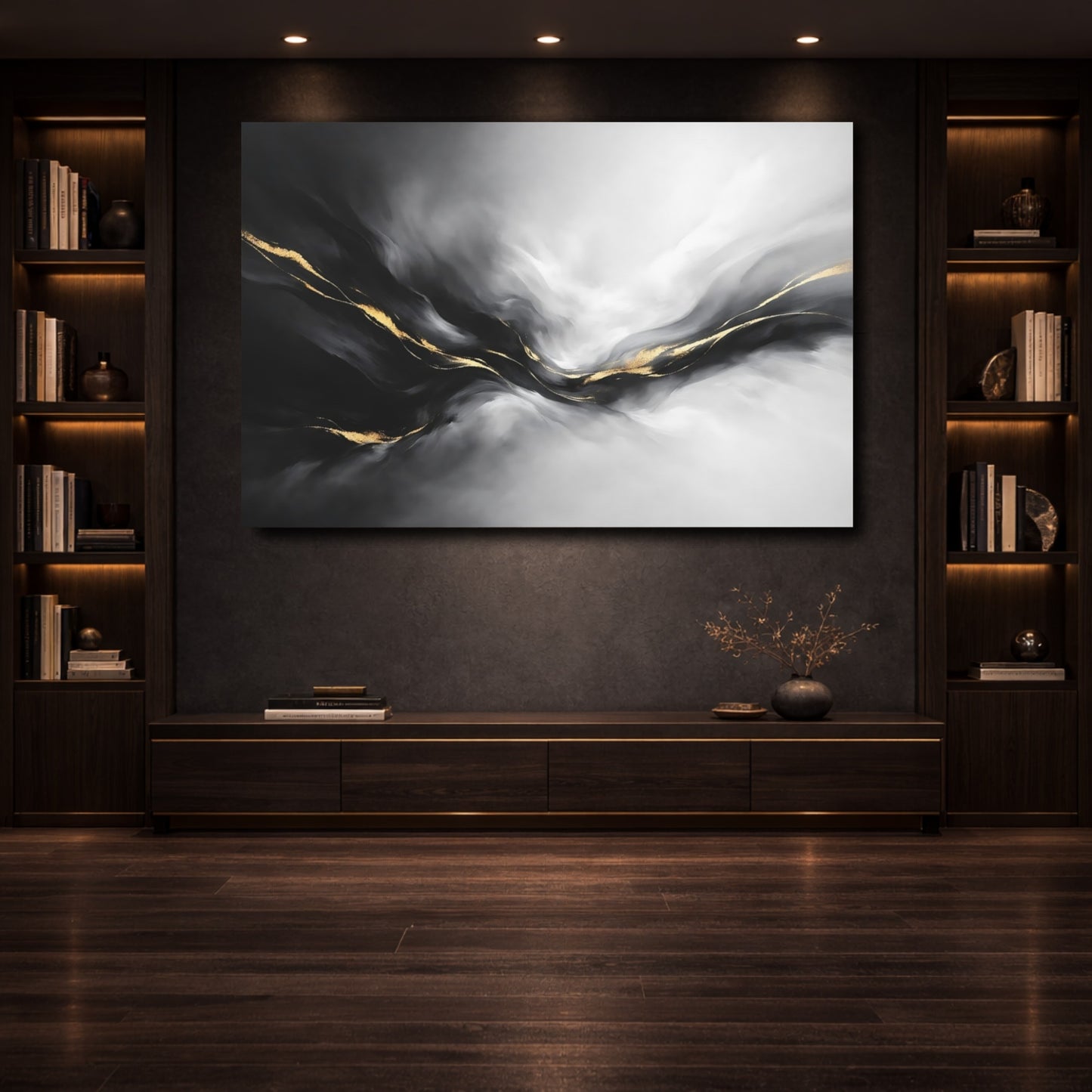 Mockup 3. Abstract Abstract Waves Black And Gold shown as stretched canvas wall art