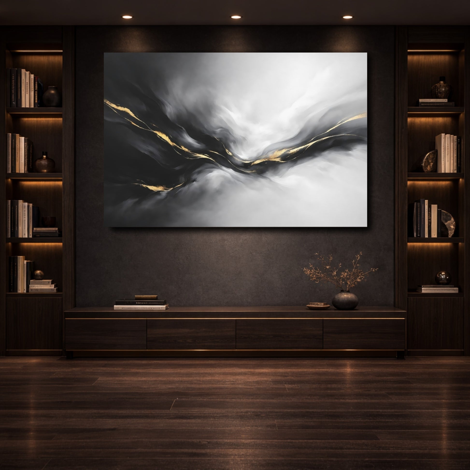 Mockup 3. Abstract Abstract Waves Black And Gold shown as stretched canvas wall art