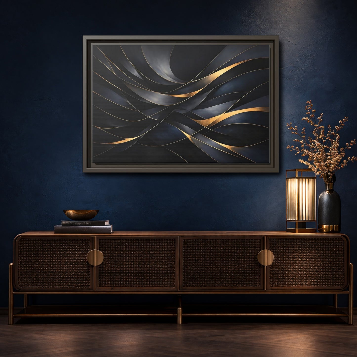 Mockup 4. Abstract Abstract Waves Black And Gold shown as stretched canvas wall art