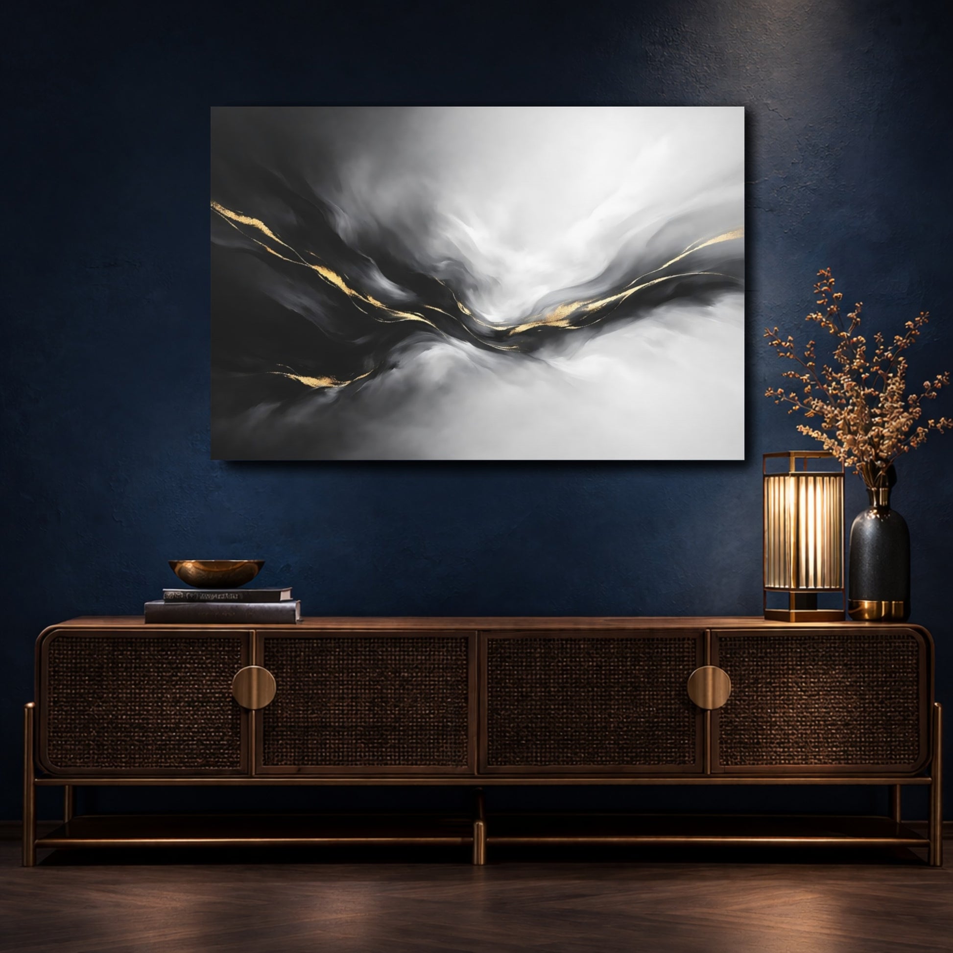 Mockup 4. Abstract Abstract Waves Black And Gold shown as stretched canvas wall art