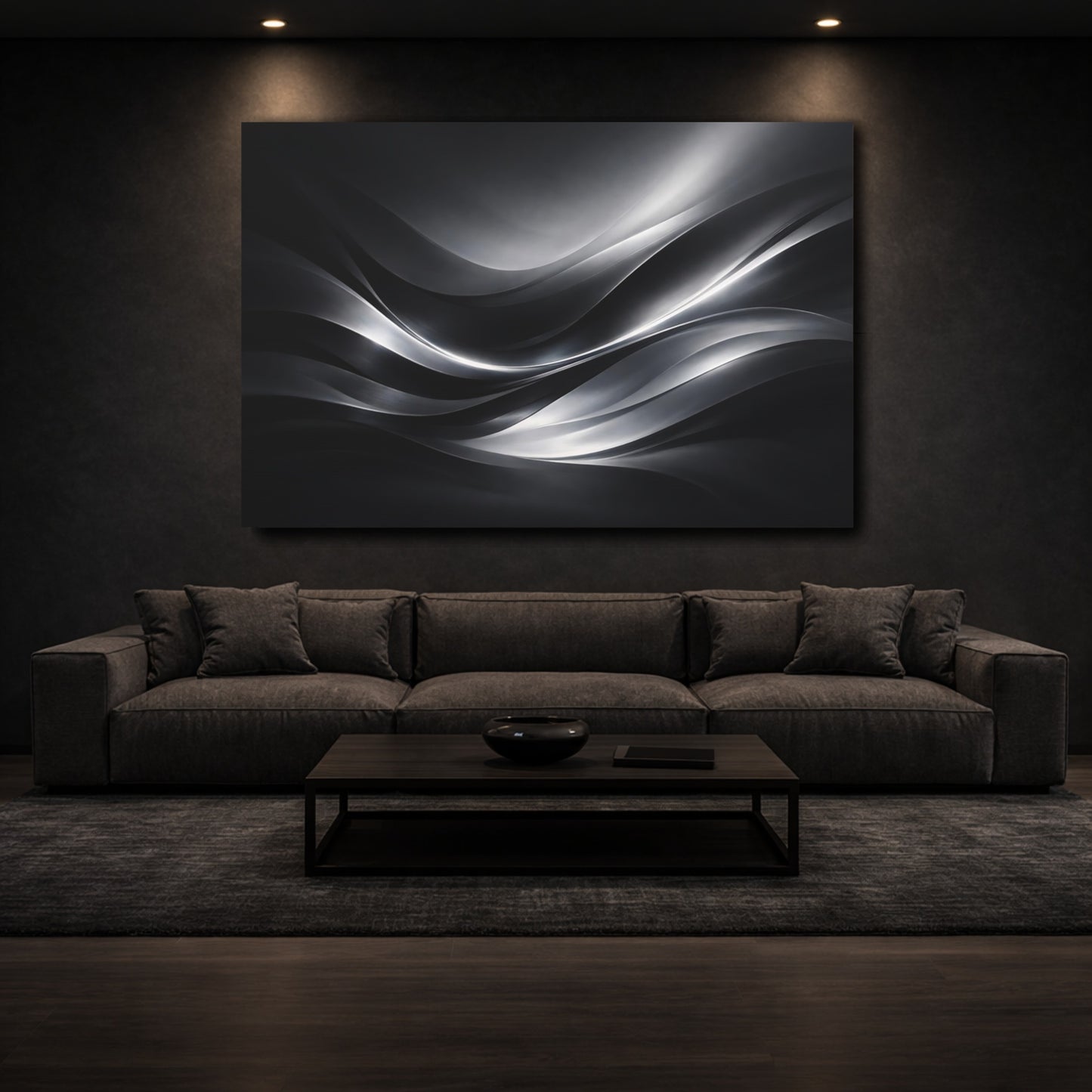 Mockup 2. Abstract Abstract Waves Black And Silver shown as stretched canvas wall art
