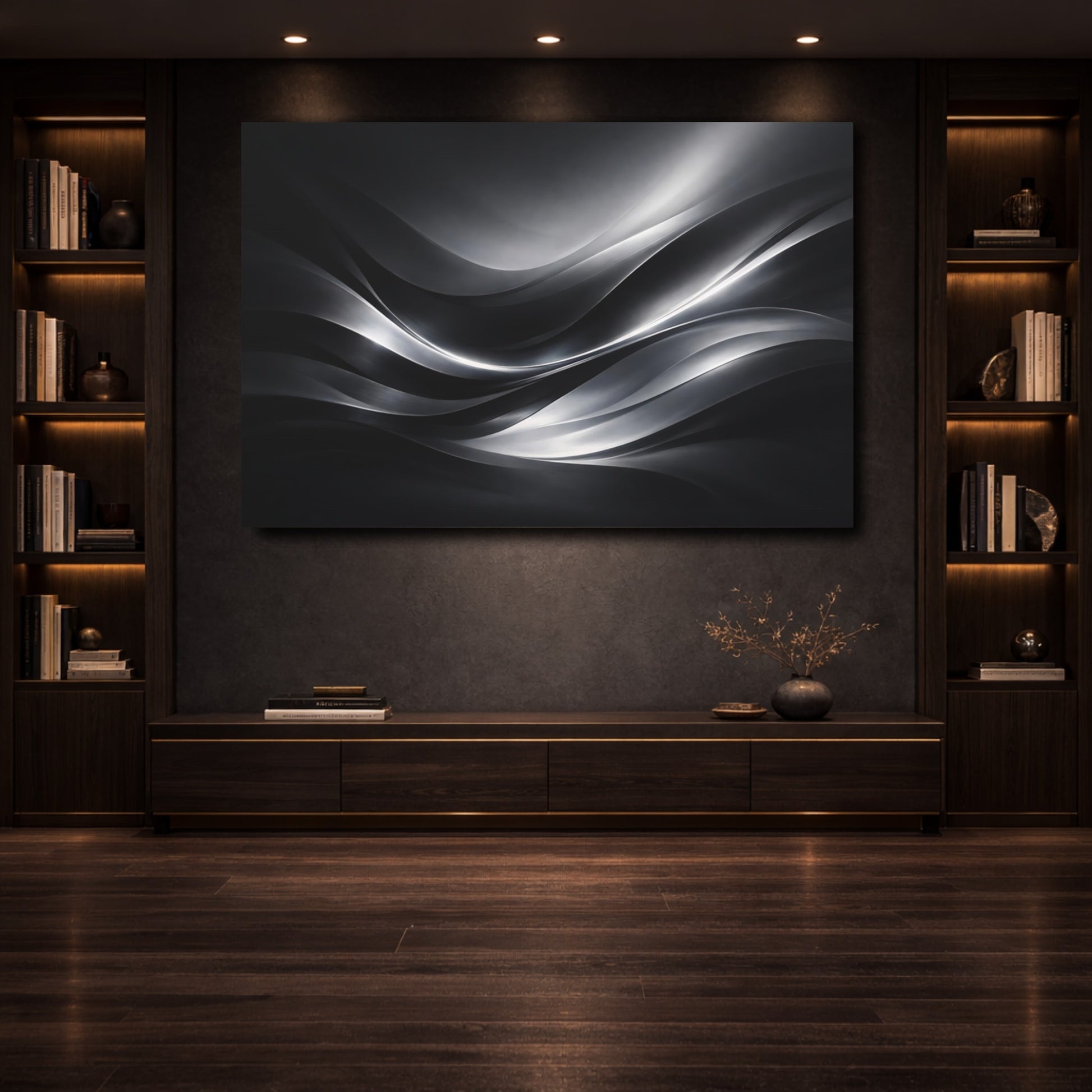 Mockup 3. Abstract Abstract Waves Black And Silver shown as stretched canvas wall art