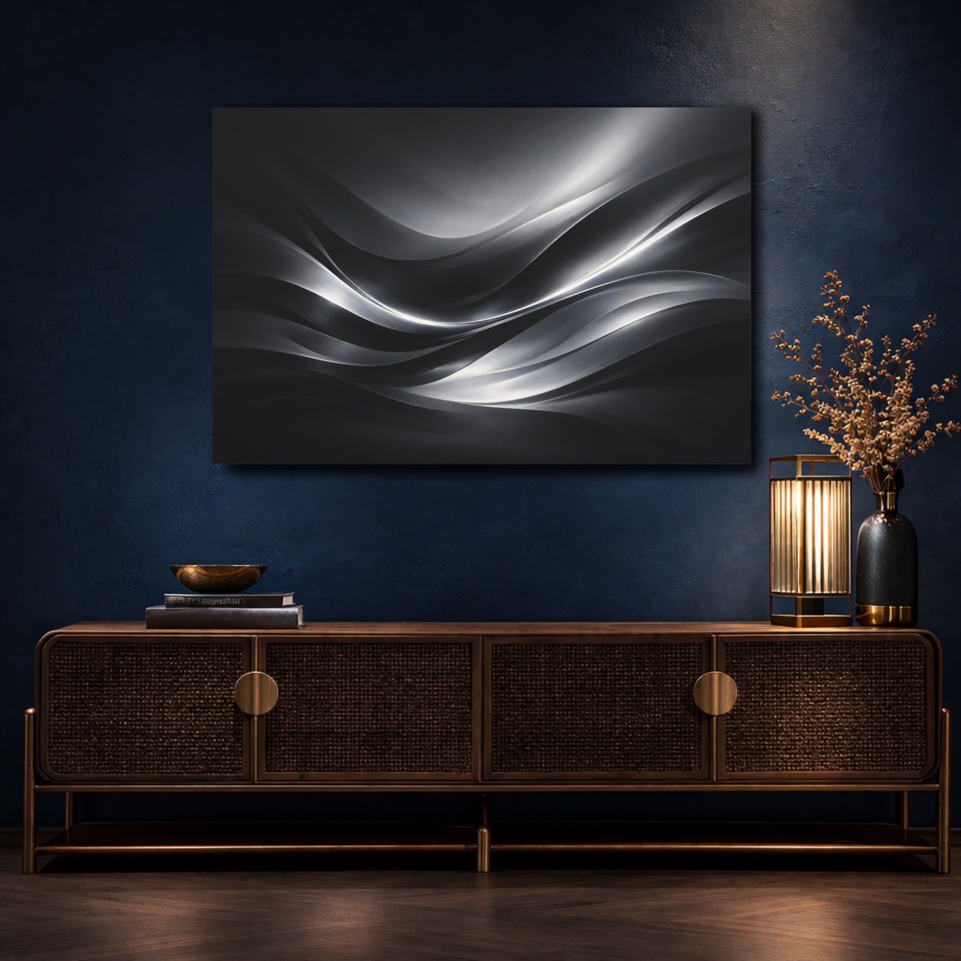 Mockup 4. Abstract Abstract Waves Black And Silver shown as stretched canvas wall art